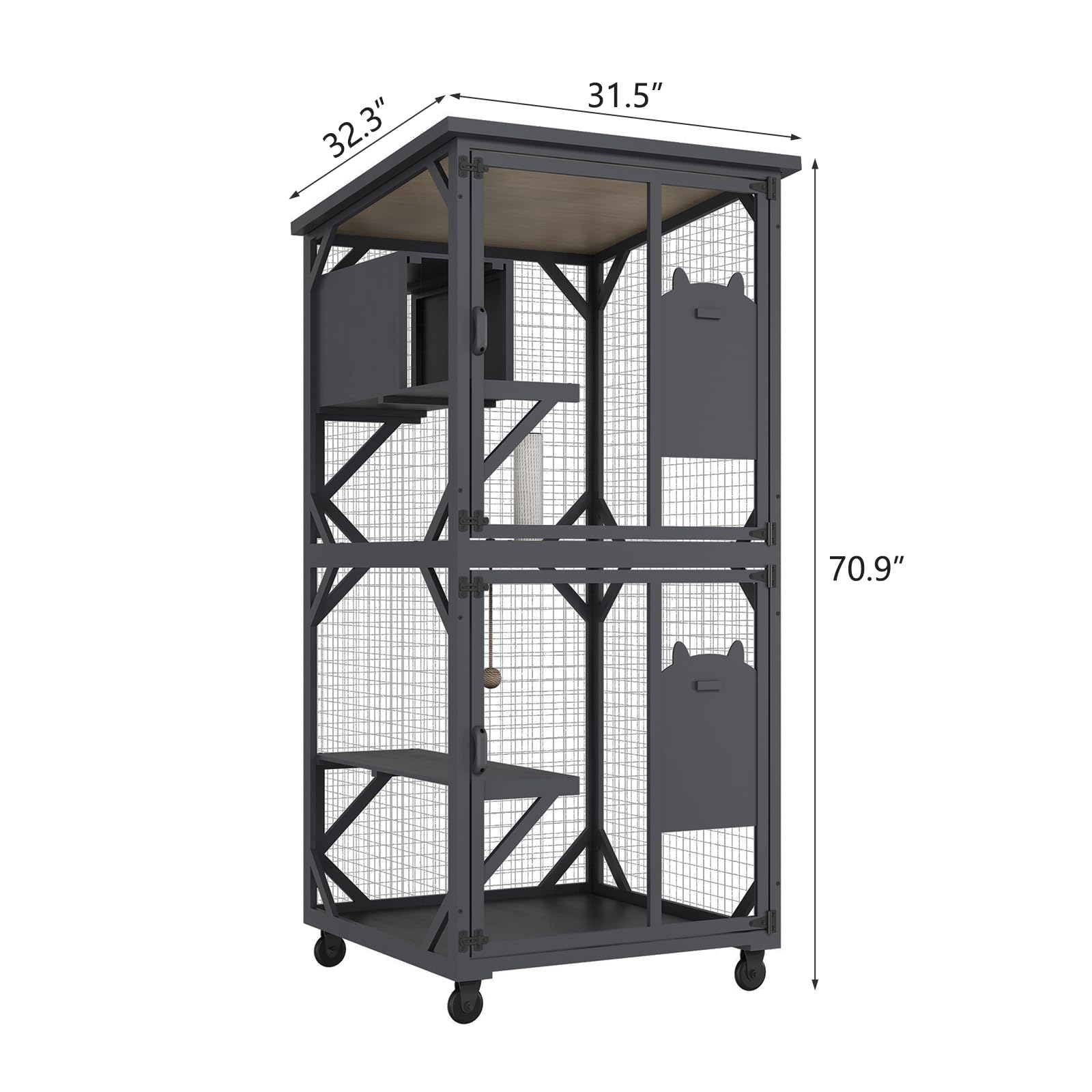 Roomtec Catio Outdoor Enclosure With Roof 71'' Height Wooden House Large Cage With 3 Jumping Platforms And 1 Napping House For C