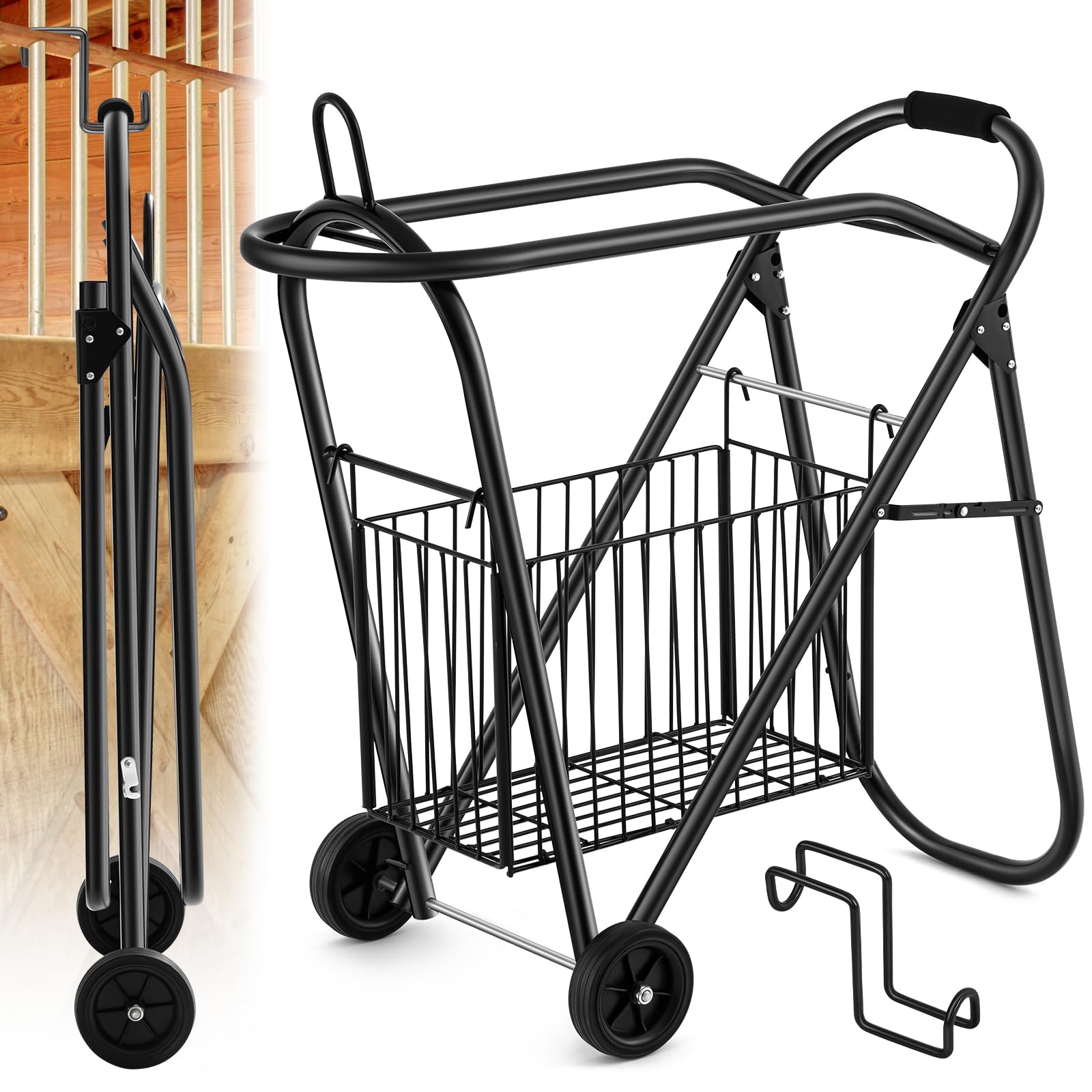 Kritkin Horse Saddle Tack Cart With Wheels, Rolling Iron Heavy Duty Trailer Organizer With Hooks Foldable Horse Cinch Equipments