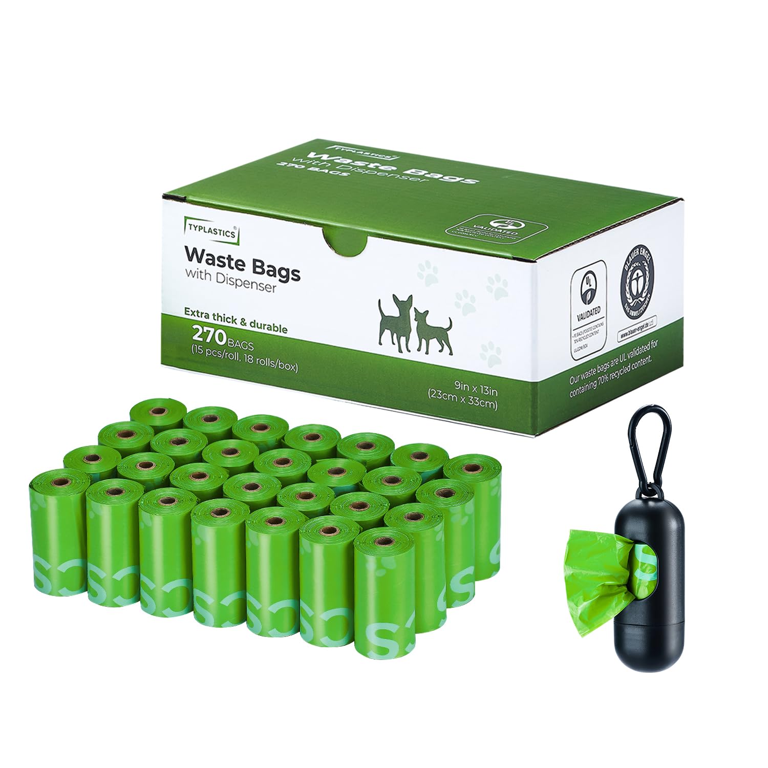 Typlastics Poop Bags For Dog Waste, 270 Count, With Dispenser, Unscented, 18 Pack Of 15, Lime Green, 13 Inch X 9 Inch