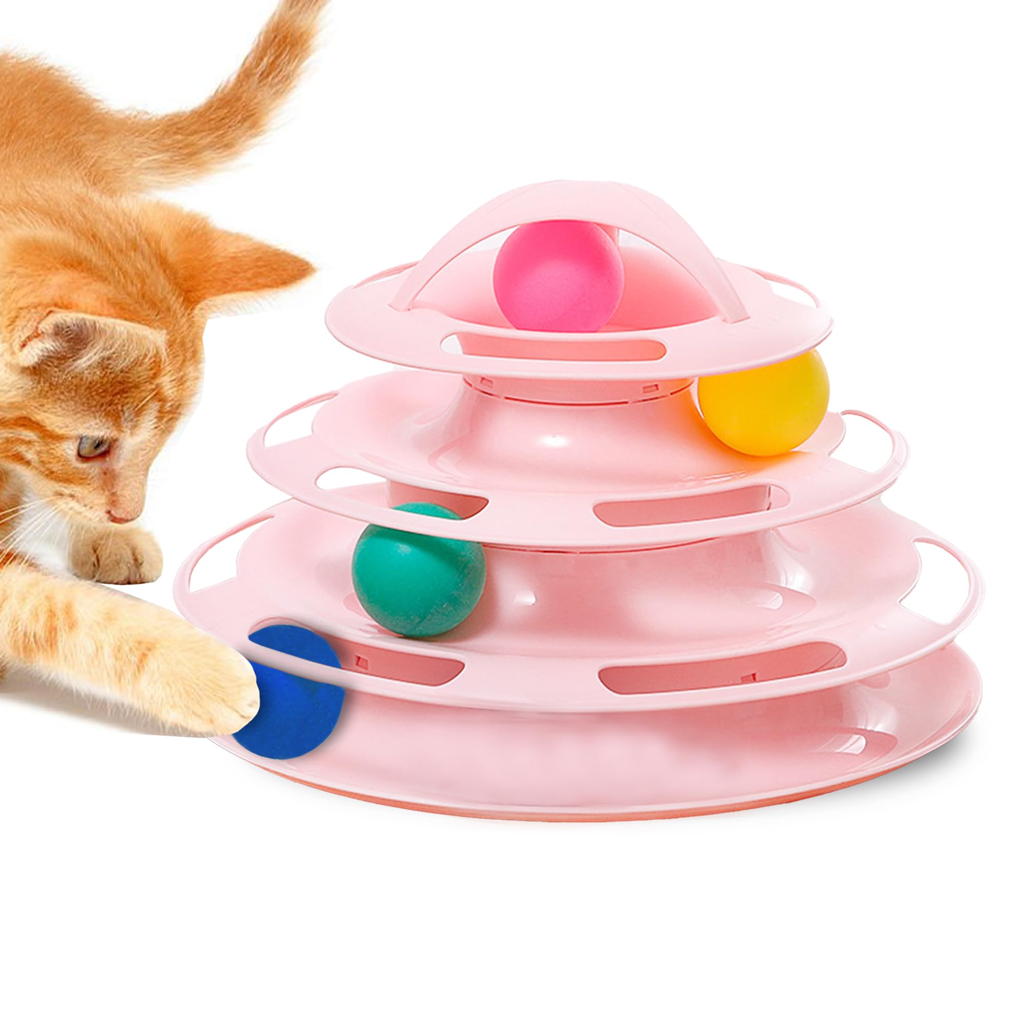SunGrow Pink Cat Toys for Bored Indoor Adult Cats, 4-Tier Cat Toy Roller, Pet Puzzle Toy, Cat 4 Ball Track with Non-Slip Grip, I