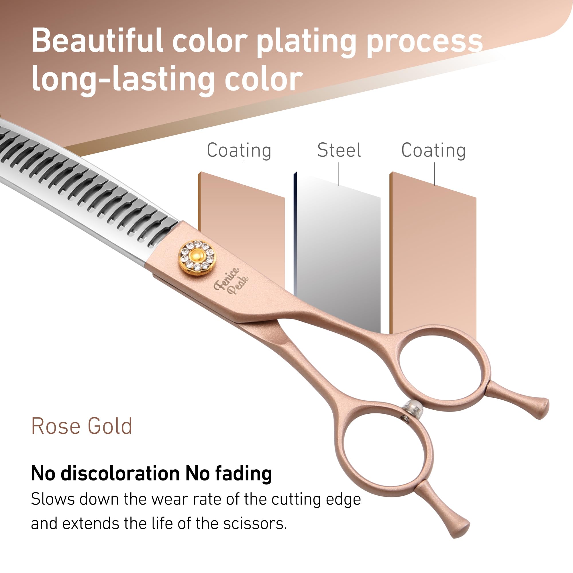 Fenice Peak Professional Curved Chunker Dog Grooming Scissors 8.0'' Rose Gold Thinning Shears Extremely Sharp Blades 440C Stainl