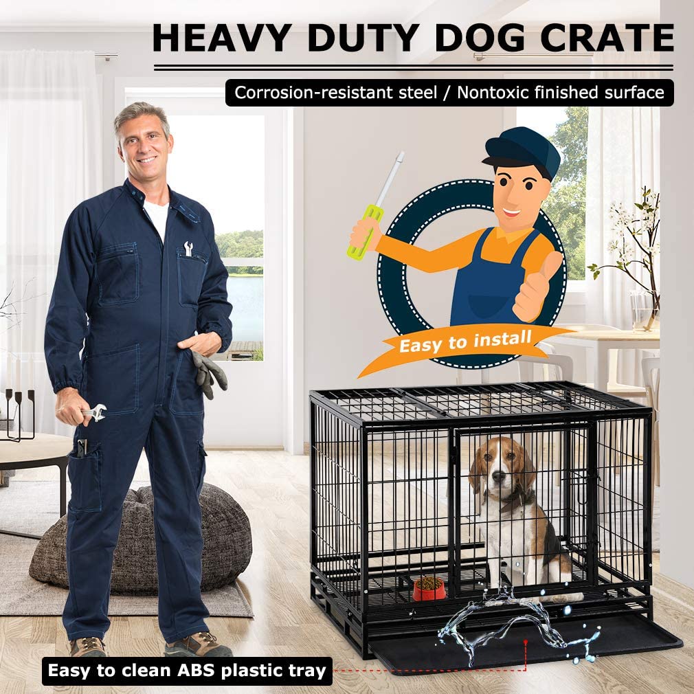 Dog Crate Cage For Large Dogs Heavy Duty 48 Inches Dog Kennel Pet Playpen For Training Indoor Outdoor With Plastic Tray Double Doors & Locks Design
