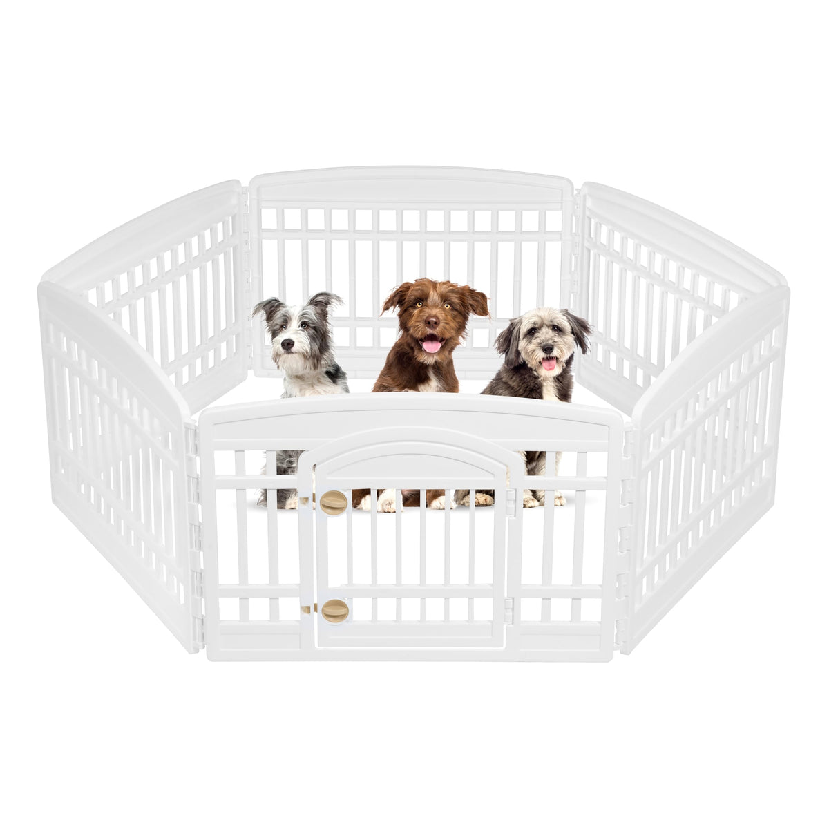 Iris Usa 24' Exercise 6-Panel Pet Playpen With Door, Dog Playpen For Puppy Small Dogs Keep Pets Secure Easy Assemble Easy Storing Customizable Non-Skid Rubber Feet, White