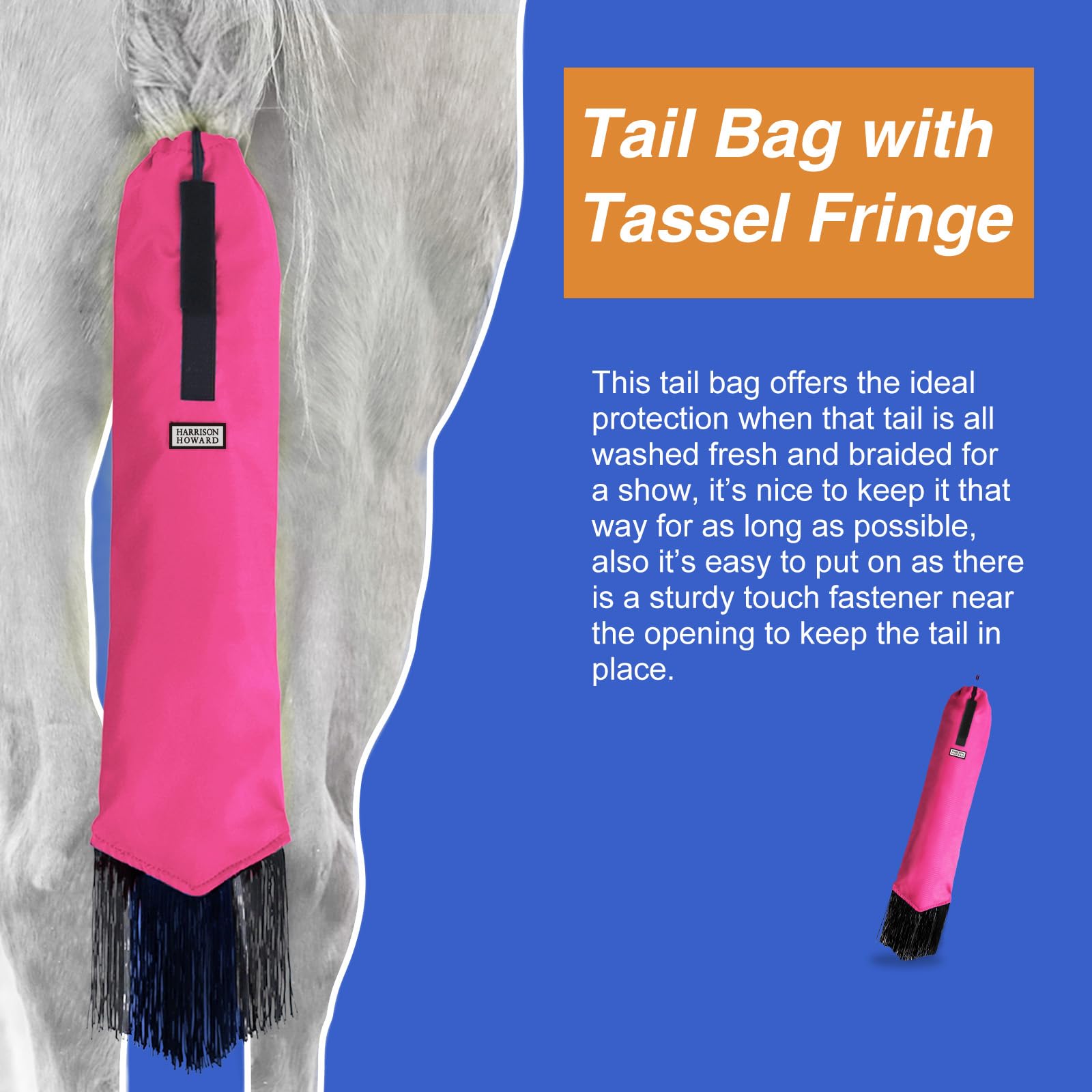 Harrison Howard Smooth Lightweight Adjustable Fastener Nylon Horse Tail Bag With Fringe-Fuchsia Pink