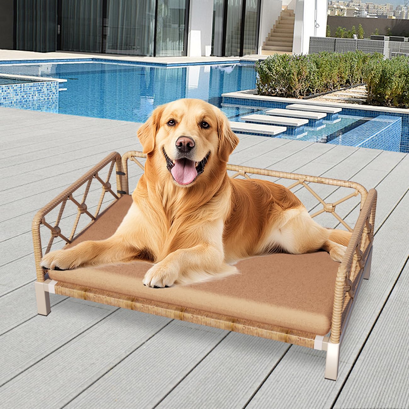 Otair Outdoor Wicker Dog Bed Indoor Rattan Dog Sofa With Soft Cushion (Brown Wicker And Cushion, Large)