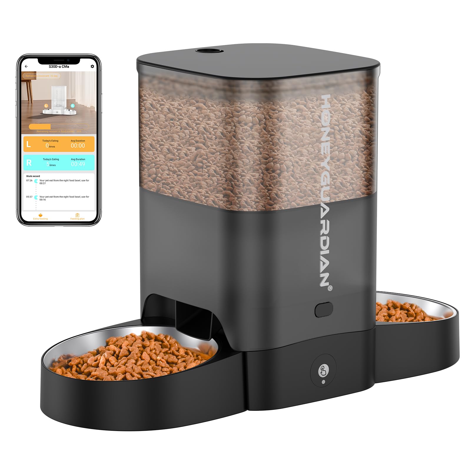 HoneyGuaridan Automatic Cat Feeder for Two Cats, 5G WiFi Smart Feed Pet Feeder with Stainless Steel Bowl,APP Control Dispenser, 