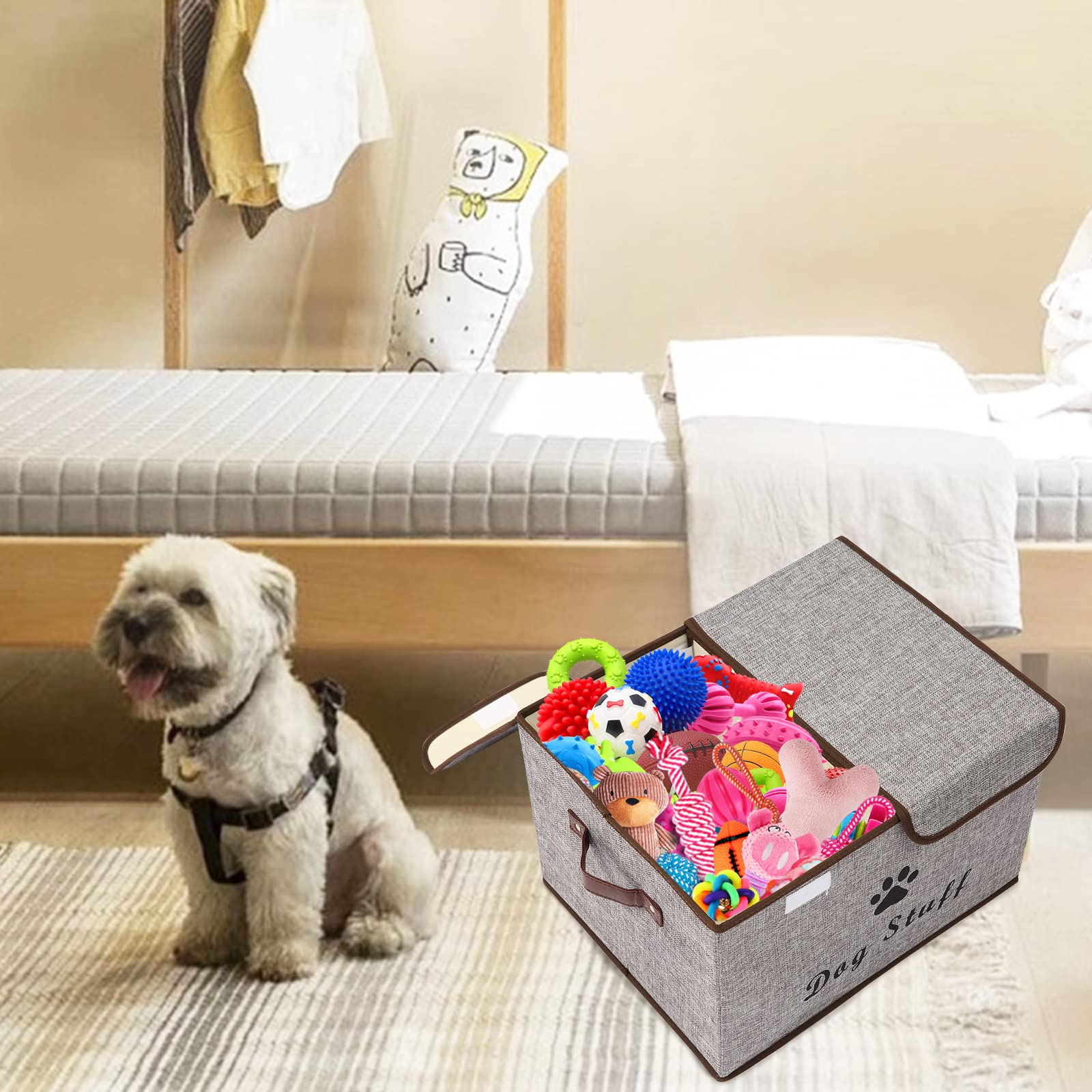 Geyecete Large Storage Boxes - Large Linen Fabric Foldable Storage Cubes Bin Box Containers with Lid and Handles for Dog Apparel