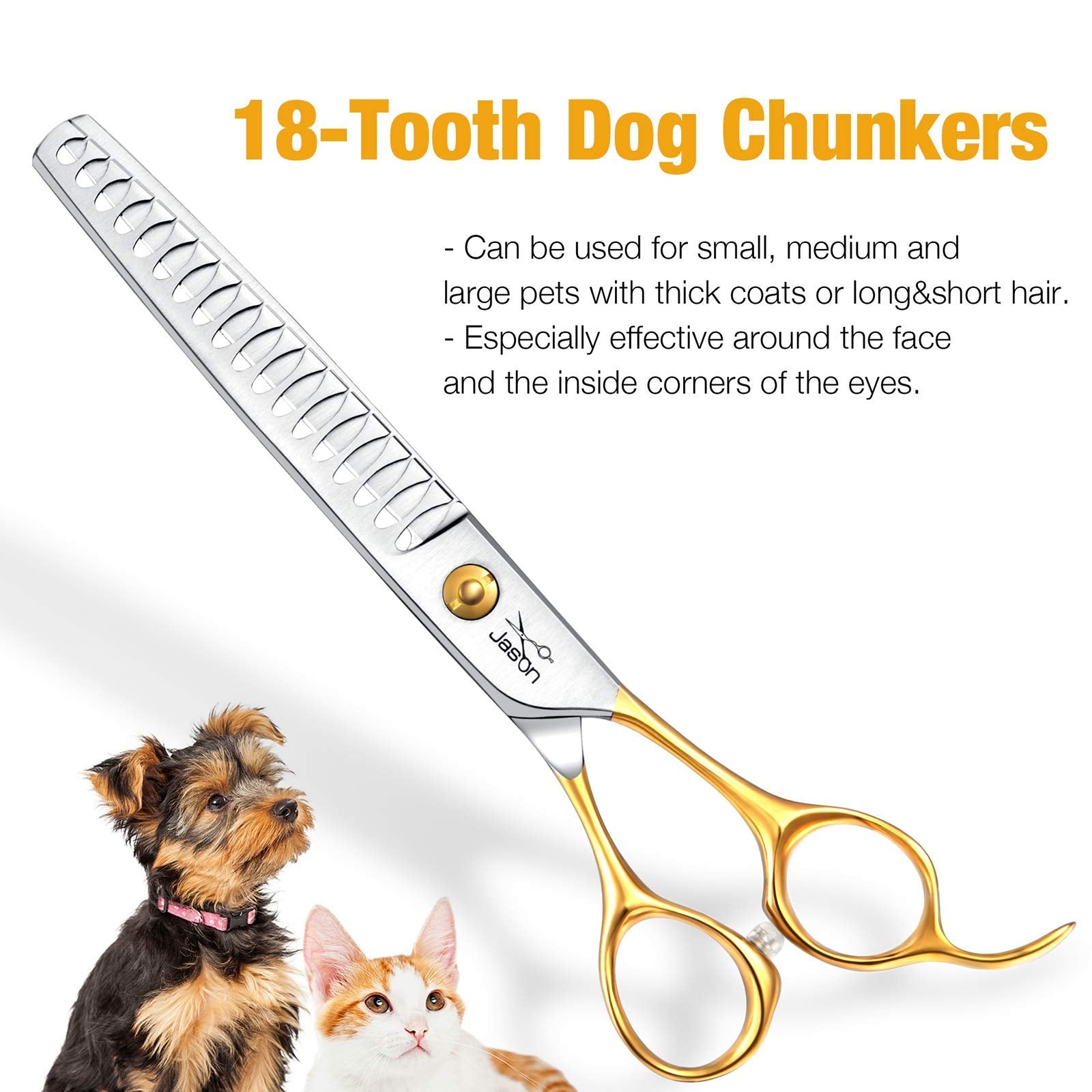 Jason 7.5' 18-Teeth Chunkers Shears For Dogs Cats Grooming Texturizing Blending Thinning Scissor Pets Trimming Kit Sharp Gold Shear For Right Handed Groomers