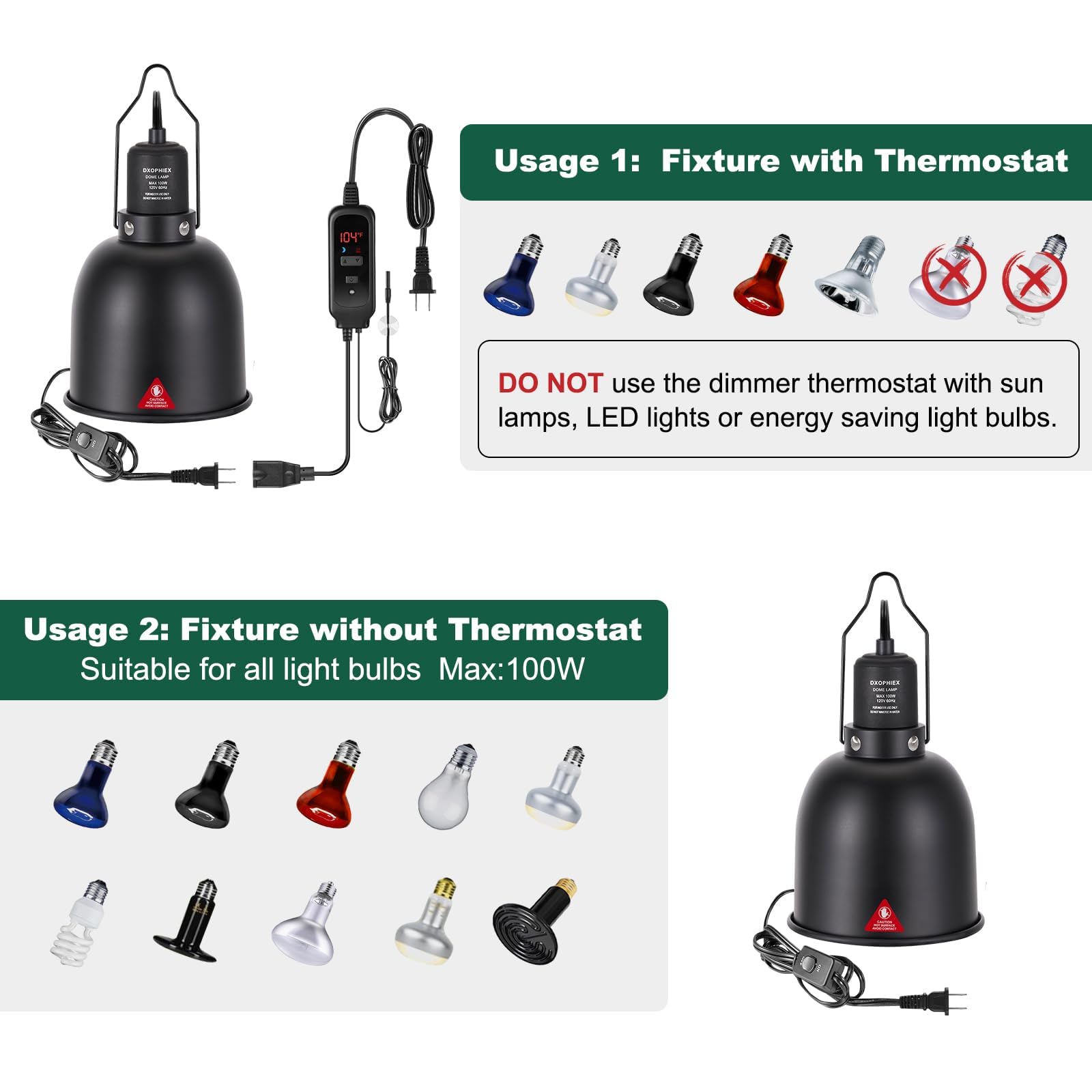 Dxophiex 5.5 Inch Reptile Heat Lamp Fixture With Dimming Thermostat,Reptile Light Fixture Max 100W,Thermostat With Temperature C