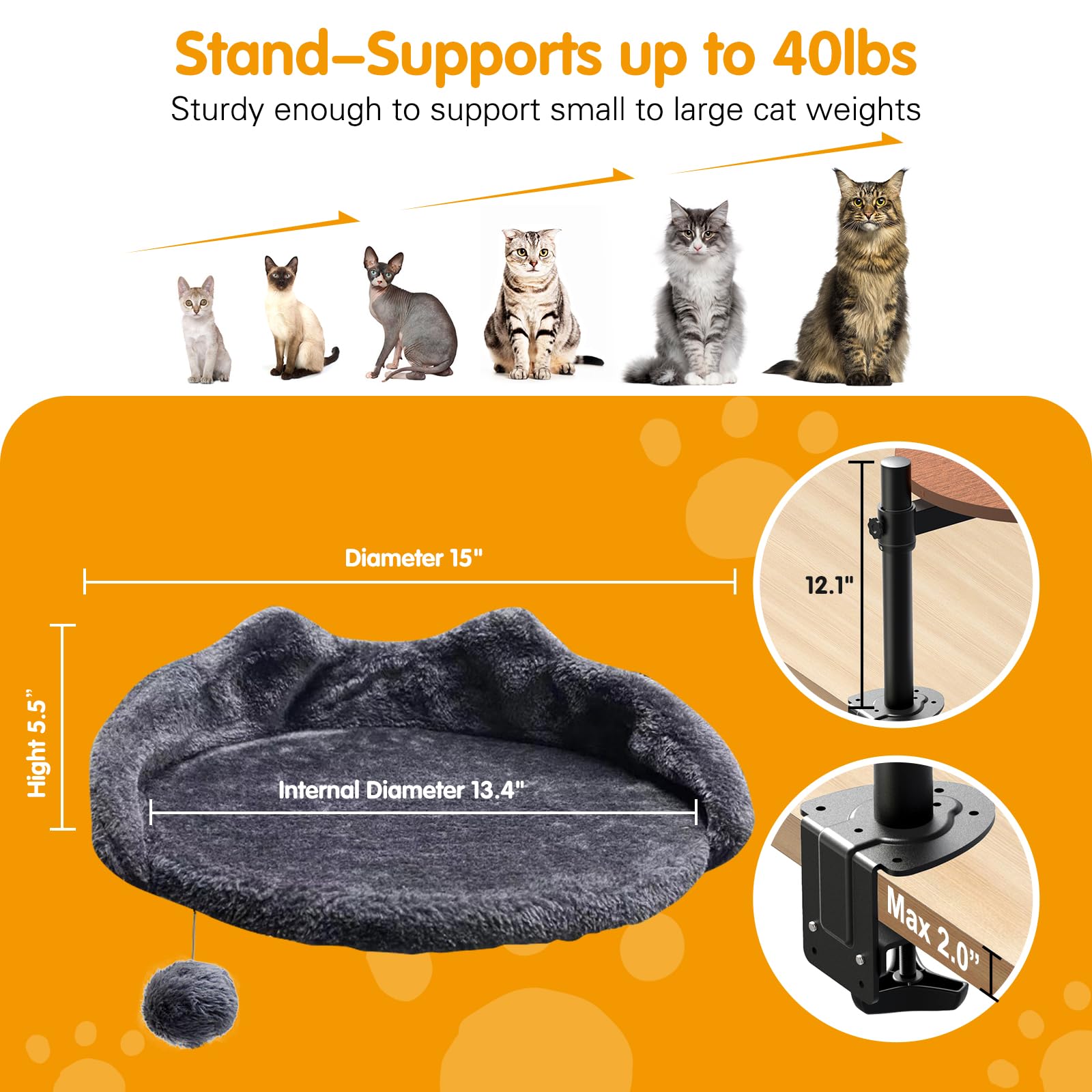 Sgreatiny Cat Desk Bed With Adjustable Steel Frame - Faux Fur Fabric Elevated Bed For Indoor - Multi-Functional Pet Cats Mount,F