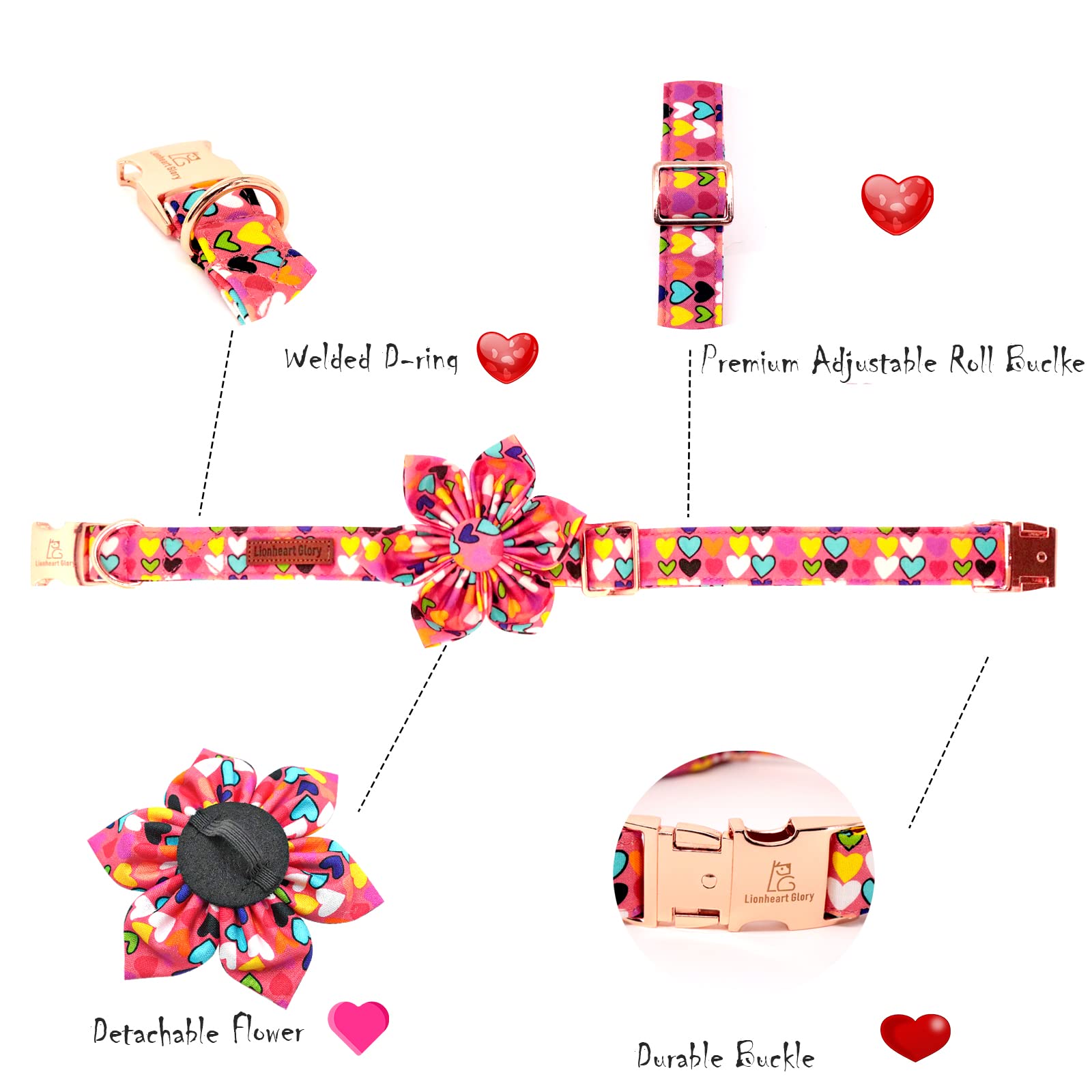 Lionheart Glory Heart Dog Collar, Valentine'S Day Dog Collar With Flower, Cute Floral Pattern Pet Collar Adjustable Dog Collar For Large Dogs