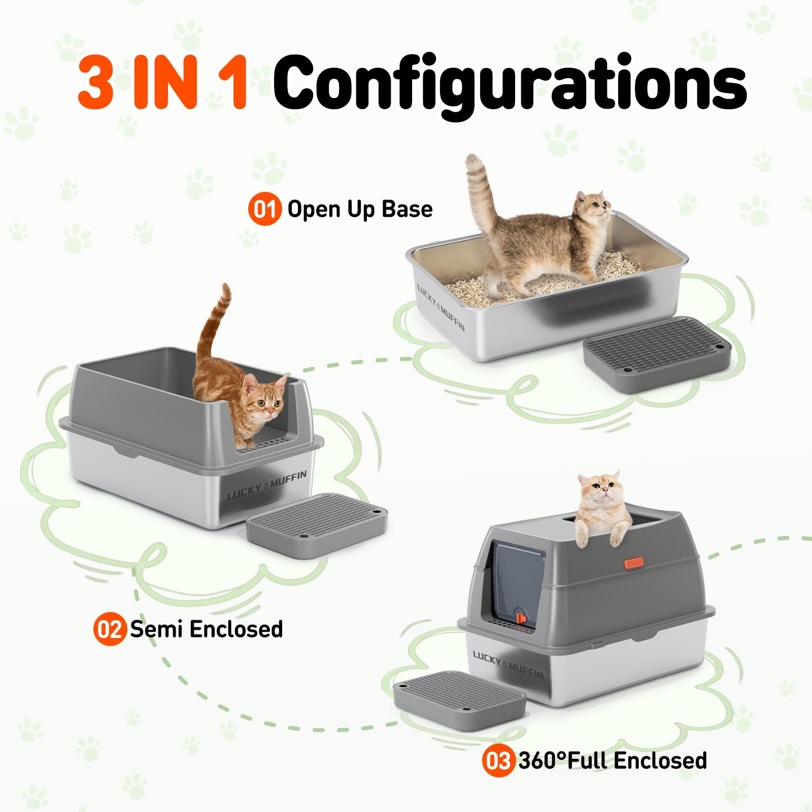 3 In 1 Premium Stainless Steel Cat Litter Box With Removable Lid, Enclosed Xl Extra Large High-Sided Metal Box For Big Kitty Wit