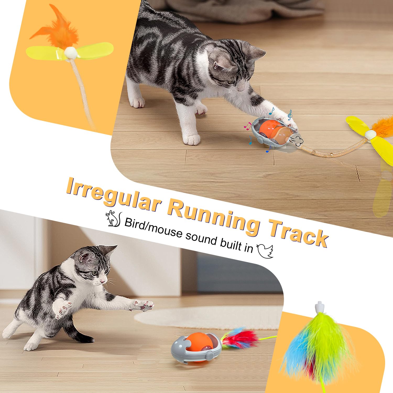 Tyasoleil Interactive Cats Toys Ball, Newly Imaginable Agile Mice Moving Ball, Mice&Bird Voice Attract, Elastic Mesh Tail, Autom