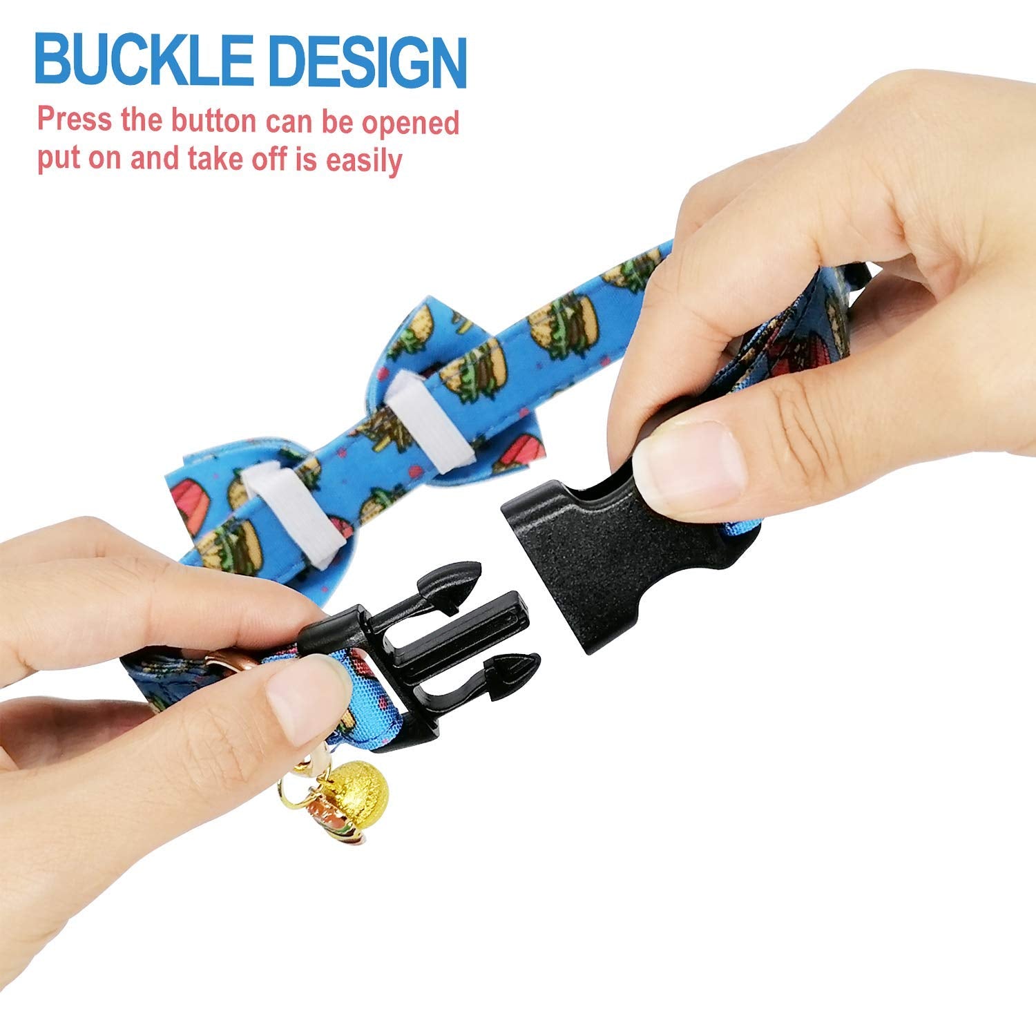 Kudes 2 Pack Print Dog Collars With Bow Tie, Adjustable Dog Collar With Bells And Charm Safety Buckle Cute Pet Collars For Small/Medium/Large Dogs And Cats Boys Girls (Hamburger+Sushi, M(12'-18'))