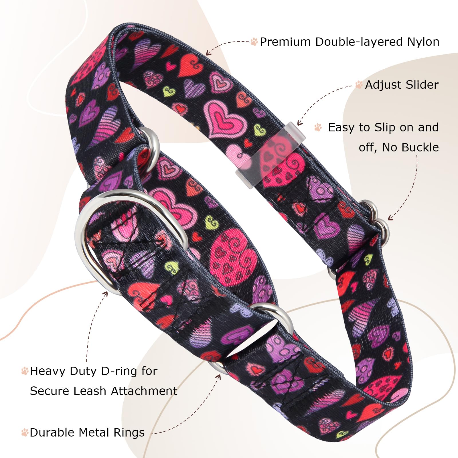 Martingale Dog Collar For Small Medium Large Dogs, Adjustable Training No Pull Dog Collar With Special Heart Love Design (S)