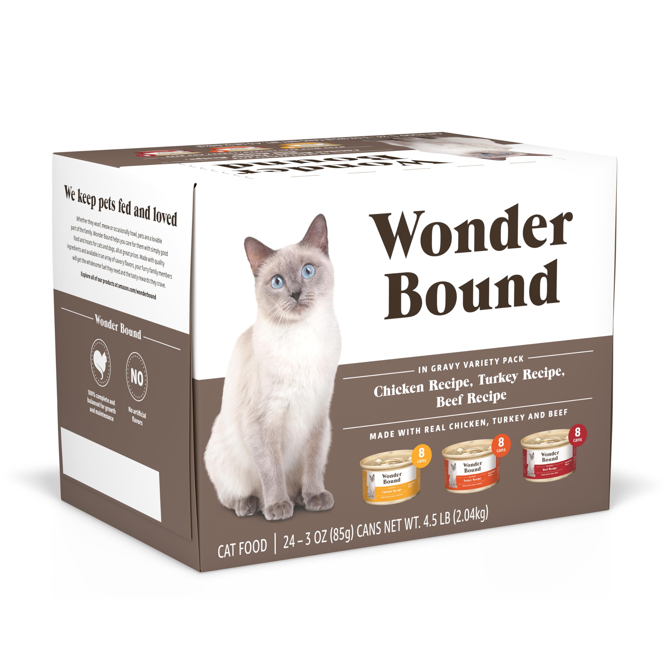 Amazon Brand - Wonder Bound Gourmet Wet Cat Food in Gravy Variety Pack (Turkey, Chicken, Beef), Poultry, Made in USA, 3 Ounce (P