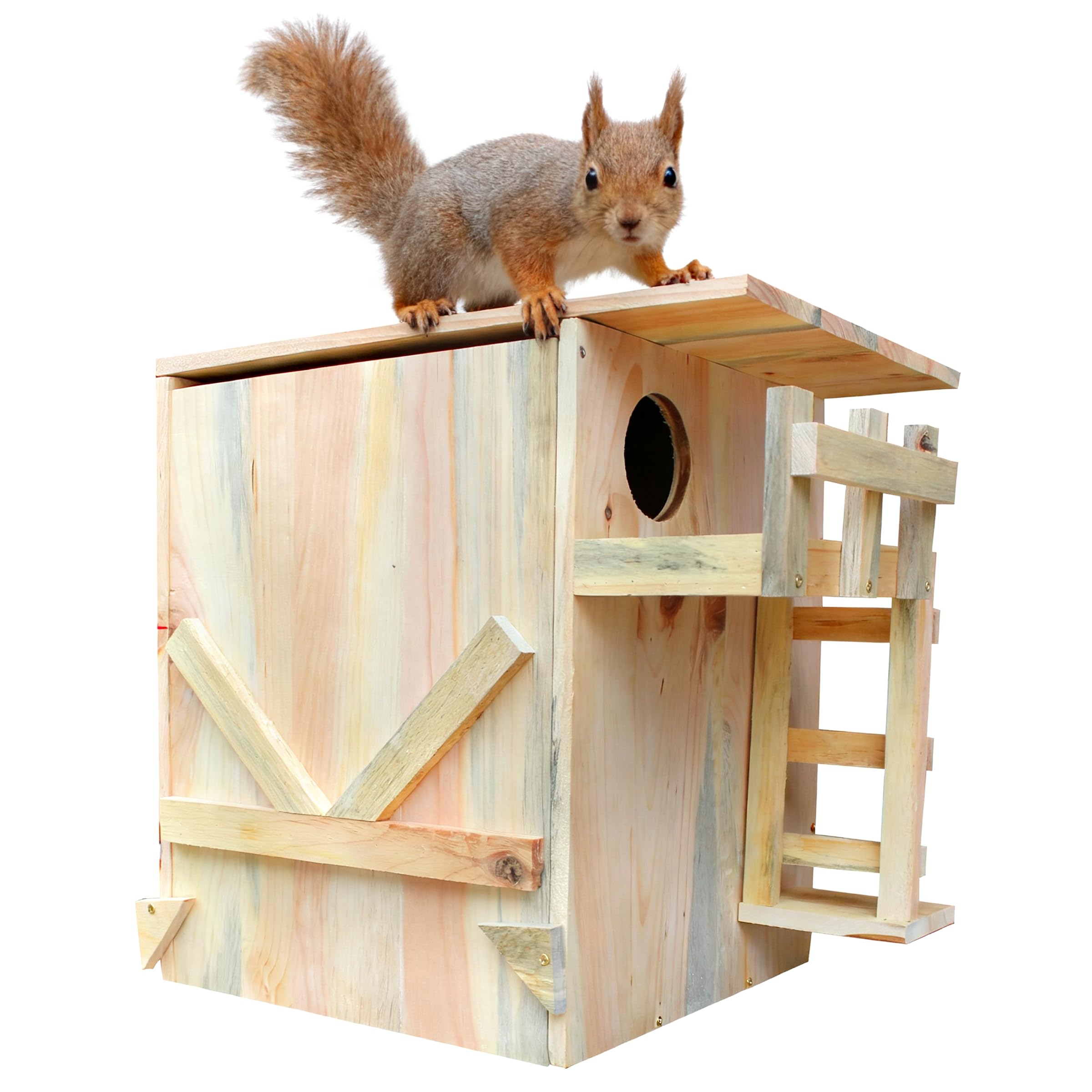 Extra Large Solid Cedar Squirrel House - Natural Handmade Outdoor Nesting Box with Porch to Welcome Squirrels & Chipmunks - Easy