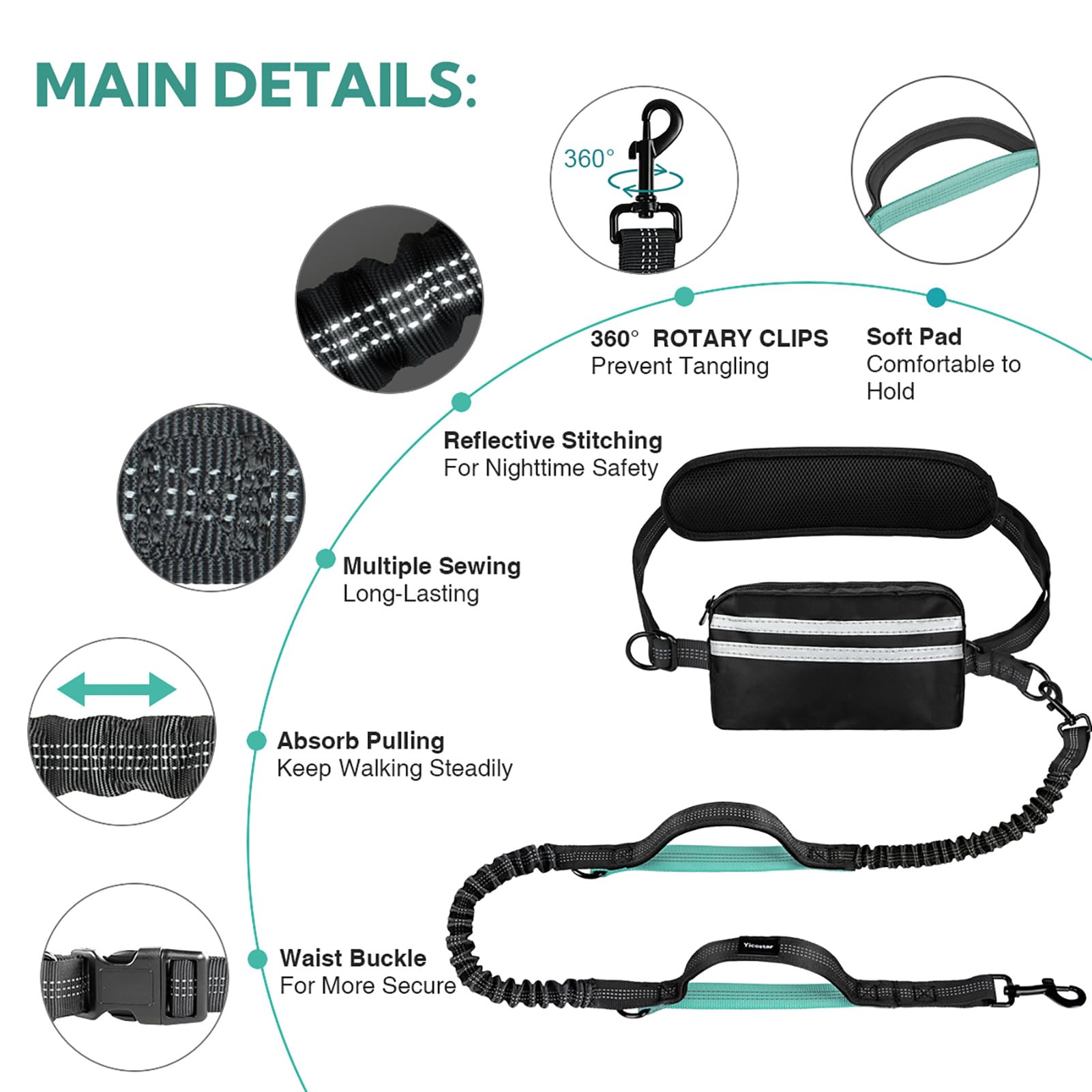 Yicostar Hands Free Dog Leash With Pouch, Double Leash For Two Dogs, Retractable Bungee With Double Padded Handles, Waist Leash