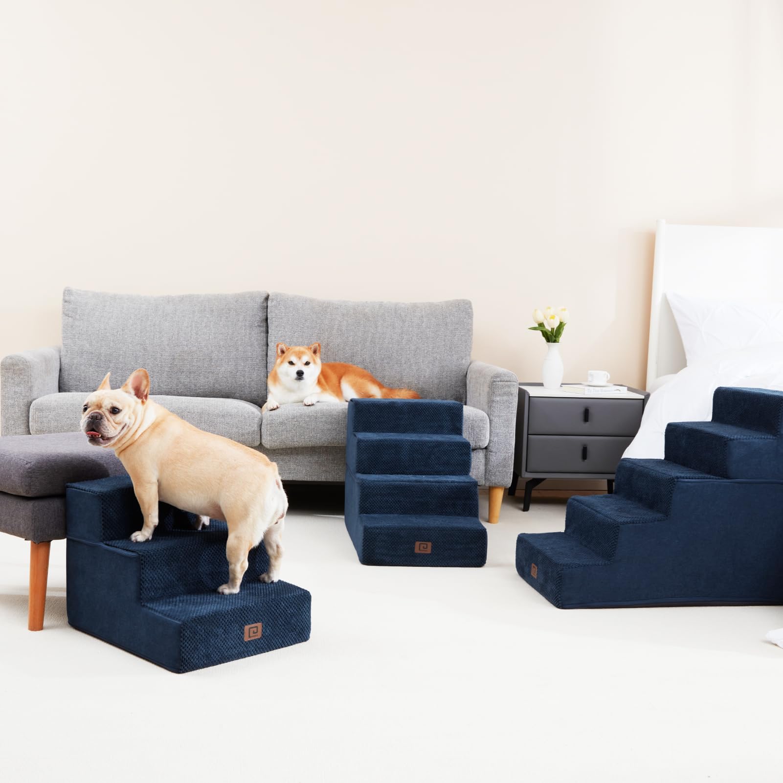 Eheyciga Dog Stairs For Small Dogs 13.5' H, 3-Step Dog Steps For Couch Sofa And Chair, Pet Steps For Small Dogs And Cats, Non-Slip Balanced Dog Indoor Ramp, Navy Blue