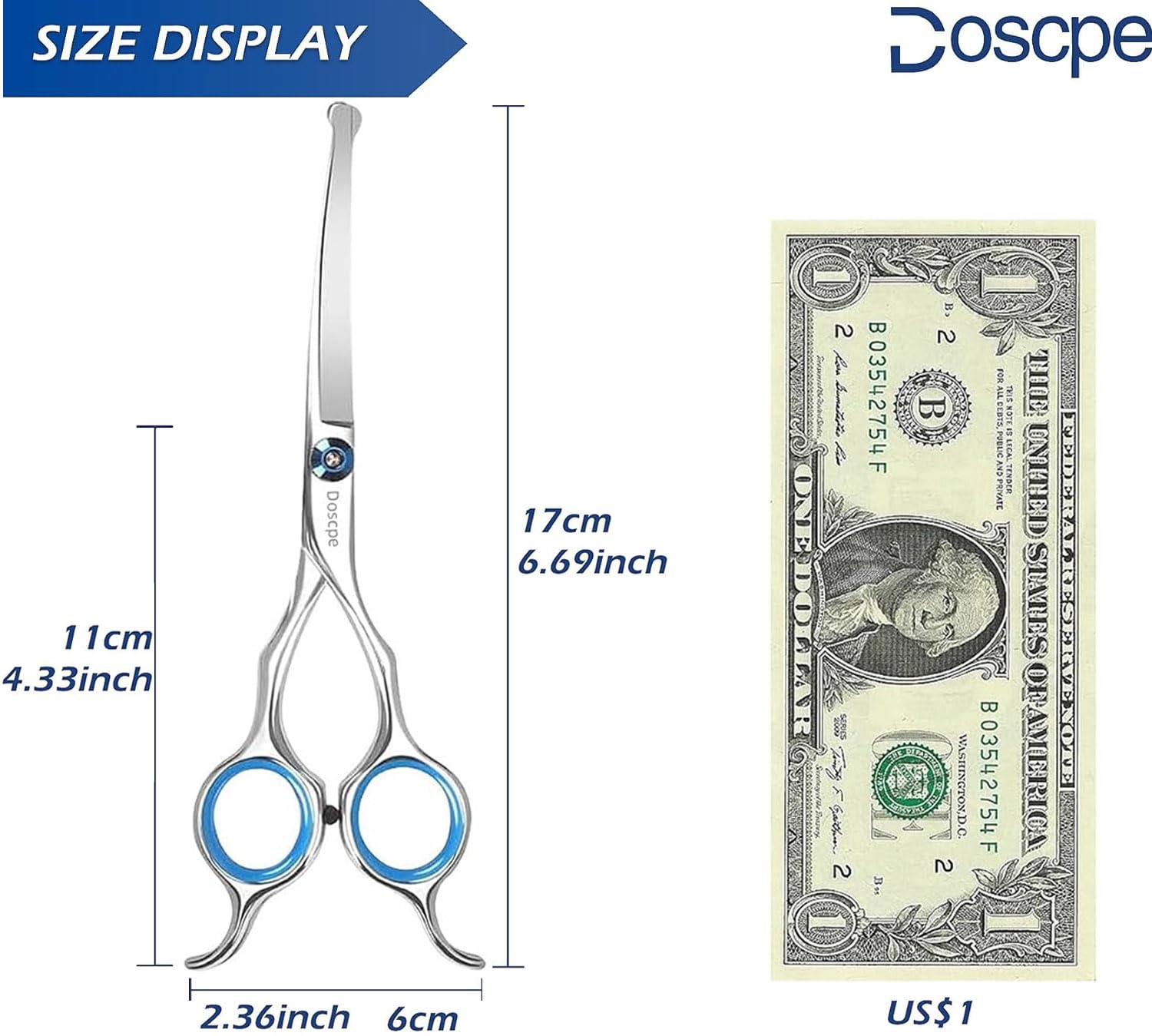 Doscpe Curved Dog Grooming Scissors 6.69 Inches Round Tips Pet Grooming Shears For Dog Cat On Face Paw Hair Trimming Right Left