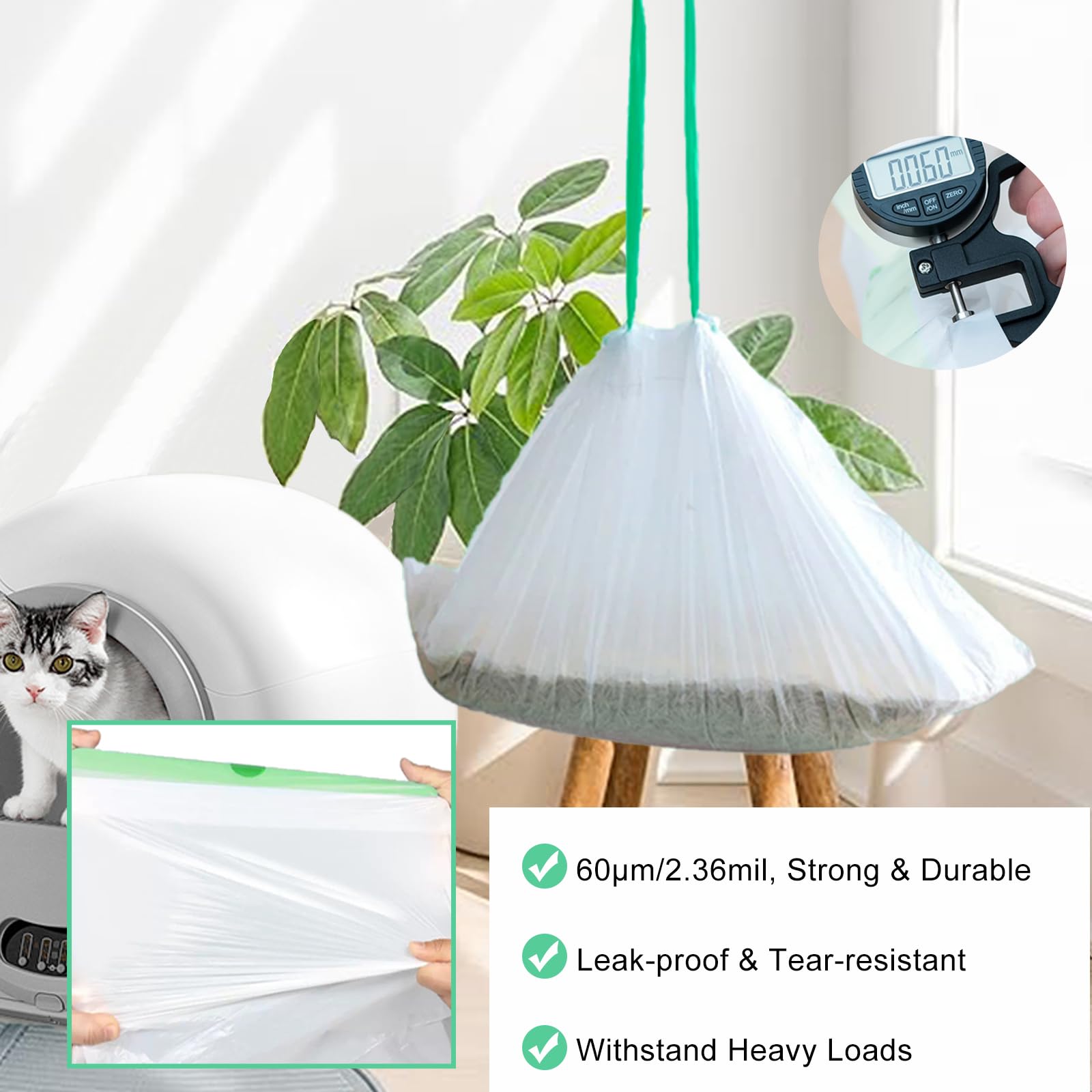 100 Pack Cat Litter Box Liner Bags Compatible With Self-Cleaning Cat Litter Box, Thick Heavy Duty Drawstring Automatic Kitty Lit