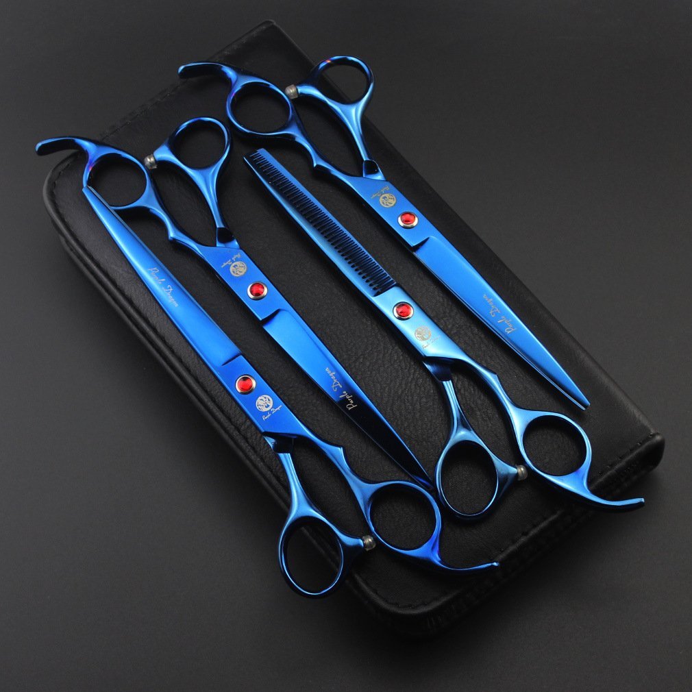 Purple Dragon Professional 7.0 Inch 4Pcs Pet Grooming Scissors Kit Japan Premium Steel Straight & Curved & Thinning Blade Dog Ha