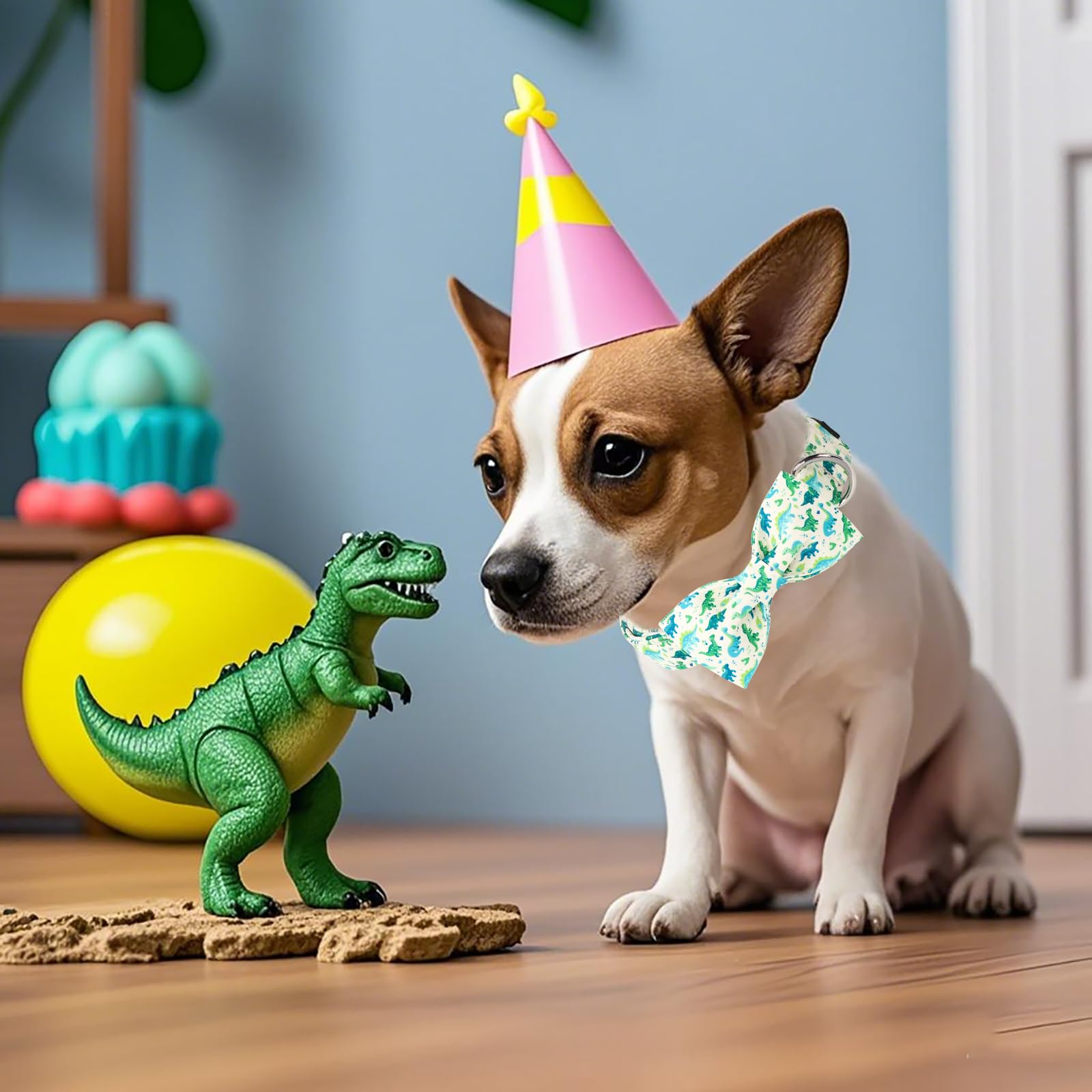 Lionet Paws Dinosaur Dog Collar With Bowtie, Cute Summer Beige Dog Collar For Girl For Medium Dogs, Adjustable Cotton Pet Collar