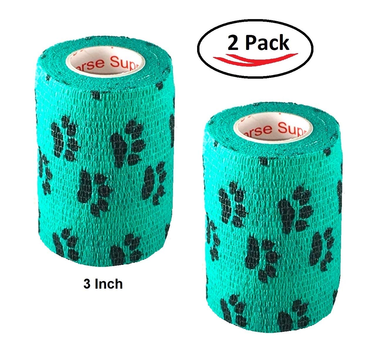 Vet Wrap Wrap Tape (Teal with Paws) (2 Pack) (4 Inch x 15 feet) Self Adhesive Adherent Adhering Cohesive Flex Self Stick Bandage
