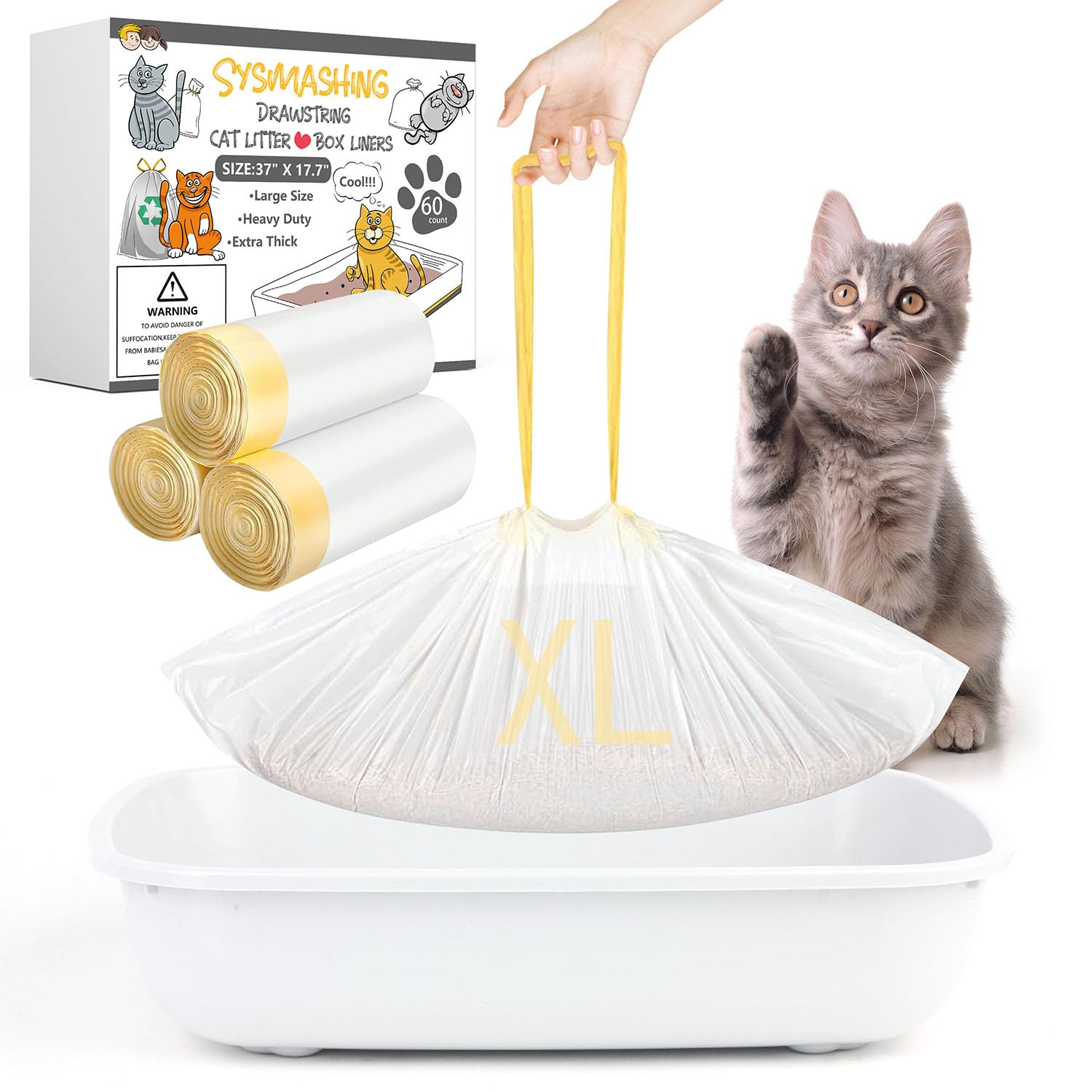 Sysmashing 60 Count Extra Thick Cat Litter Liners 37X18 - Leakproof & Odor Control | Heavy Duty Drawstring Bags For Jumbo Li