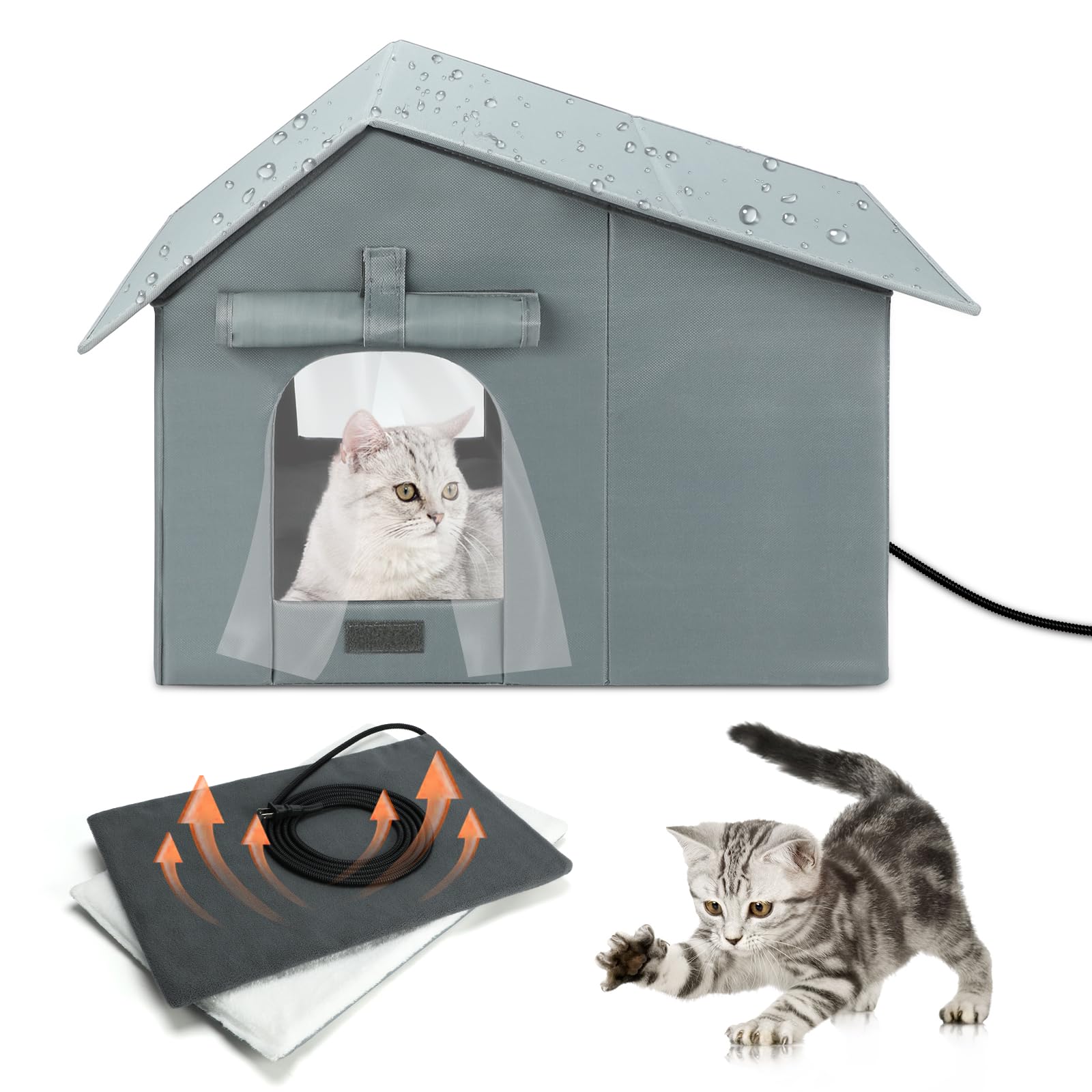 Weatherproof Heated Cat Houses, Insulated and Waterproof Feral Cat Shelter, Extra-Wide Kitty House with Heating Pad for Winter, 
