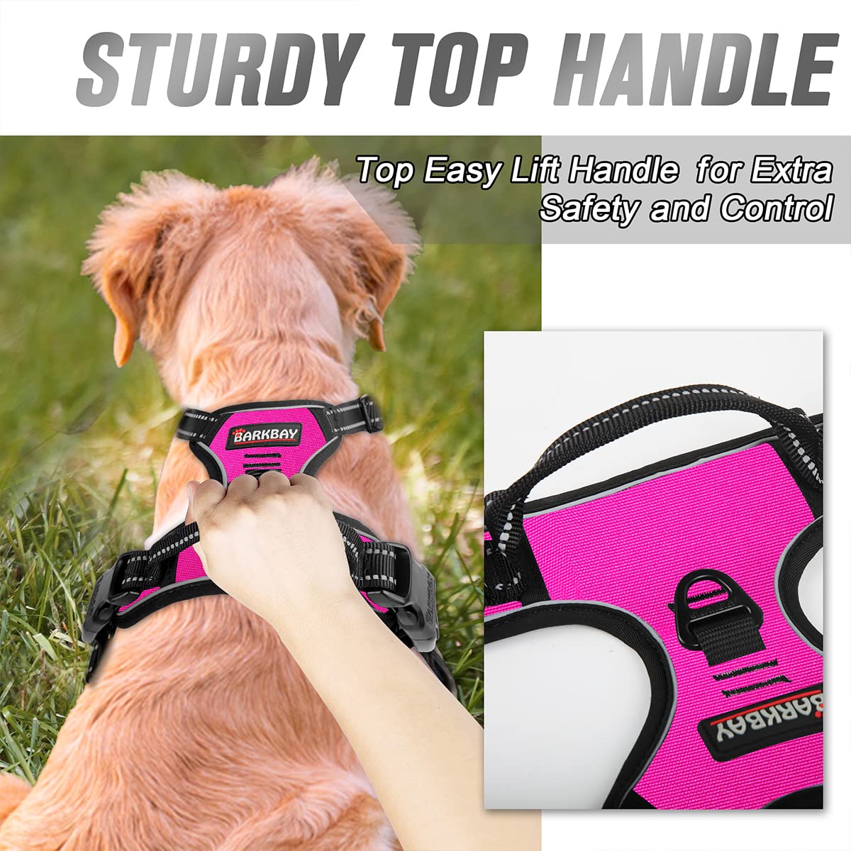 Barkbay No Pull Dog Harness Front Clip Heavy Duty Reflective Easy Control Handle For Large Dog Walking(Pink,M)