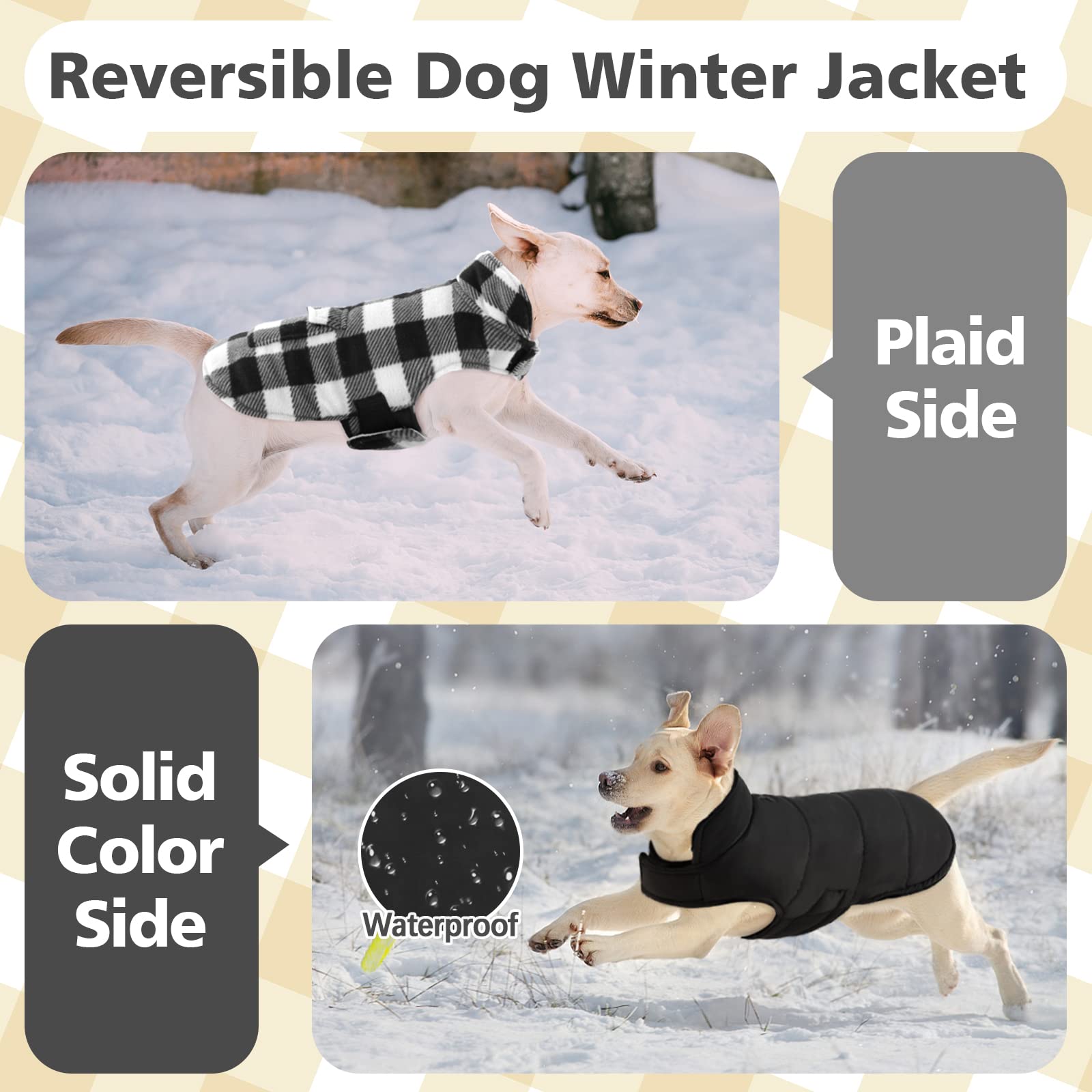 Kuoser Cozy Dog Winter Coat, Windproof Dog Jacket British Style Plaid Cold Weather Dog Coat Reversible Warm Dog Vest For Small Medium Large Dogs White Xs