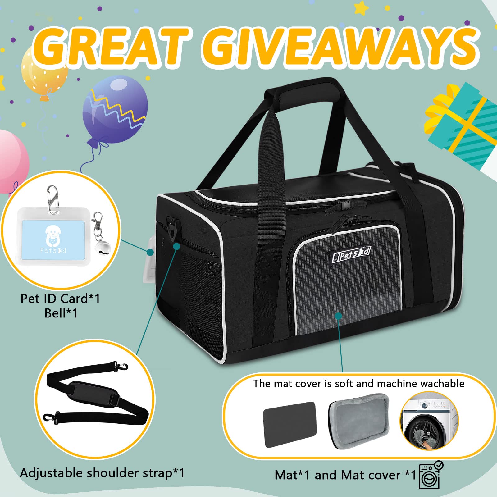 Petskd Pet Carrier 17X13X9.5 Southwest Airline Approved, Pet Travel Carrier Bag For Small Cats And Dogs, Soft Dog Carrier For 1-15 Lbs Pets,Dog Cat Carrier With Safety Lock Zipper (Black)