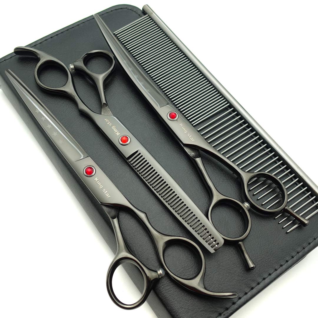 Kingstar 7.0In Professional Pet Grooming Scissors Set,Straight & Thinning & Curved Scissors 3Pcs Set With Comb For Dog Grooming,A419 (Black-Grey)