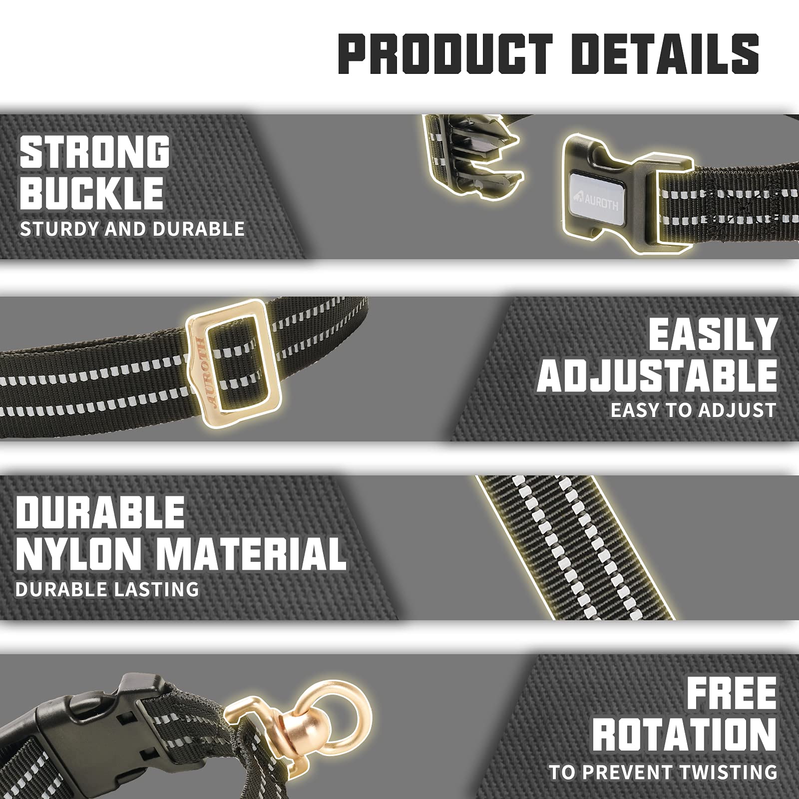 Auroth Dog Collar For Medium Large Dogs, Reflective Dog Collar, Soft Nylon Adjustable Dog Collars With Heavy Duty Metal D Ring Tangle Free (Large:15.7'-27.1', Black)