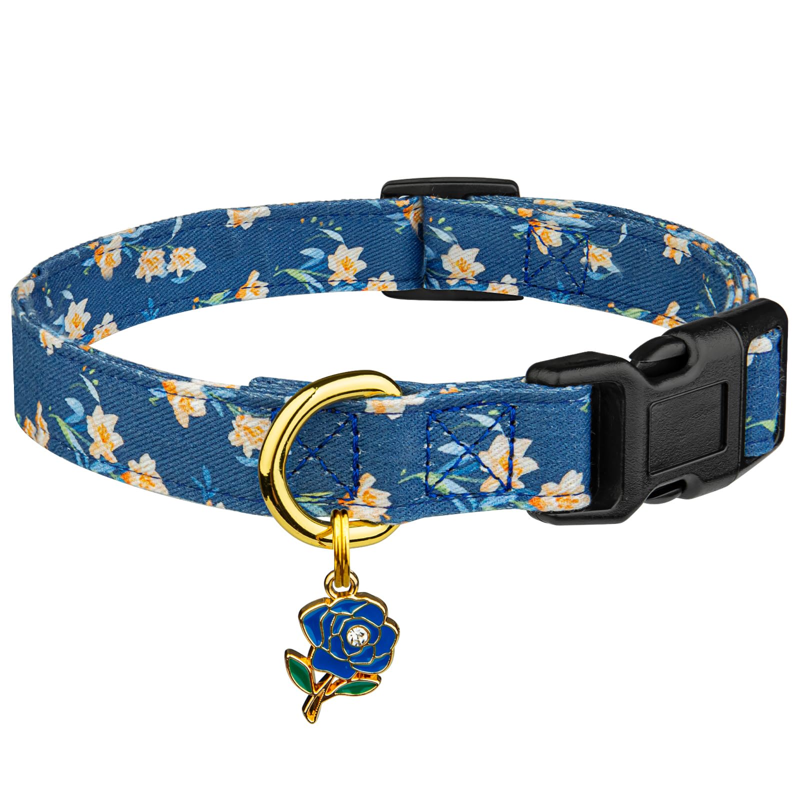 Cotton Handmade Dog Collar Cute And Distinctive Patterns Blue Tulip With Pendant For Girl Boy Dogs Collars L