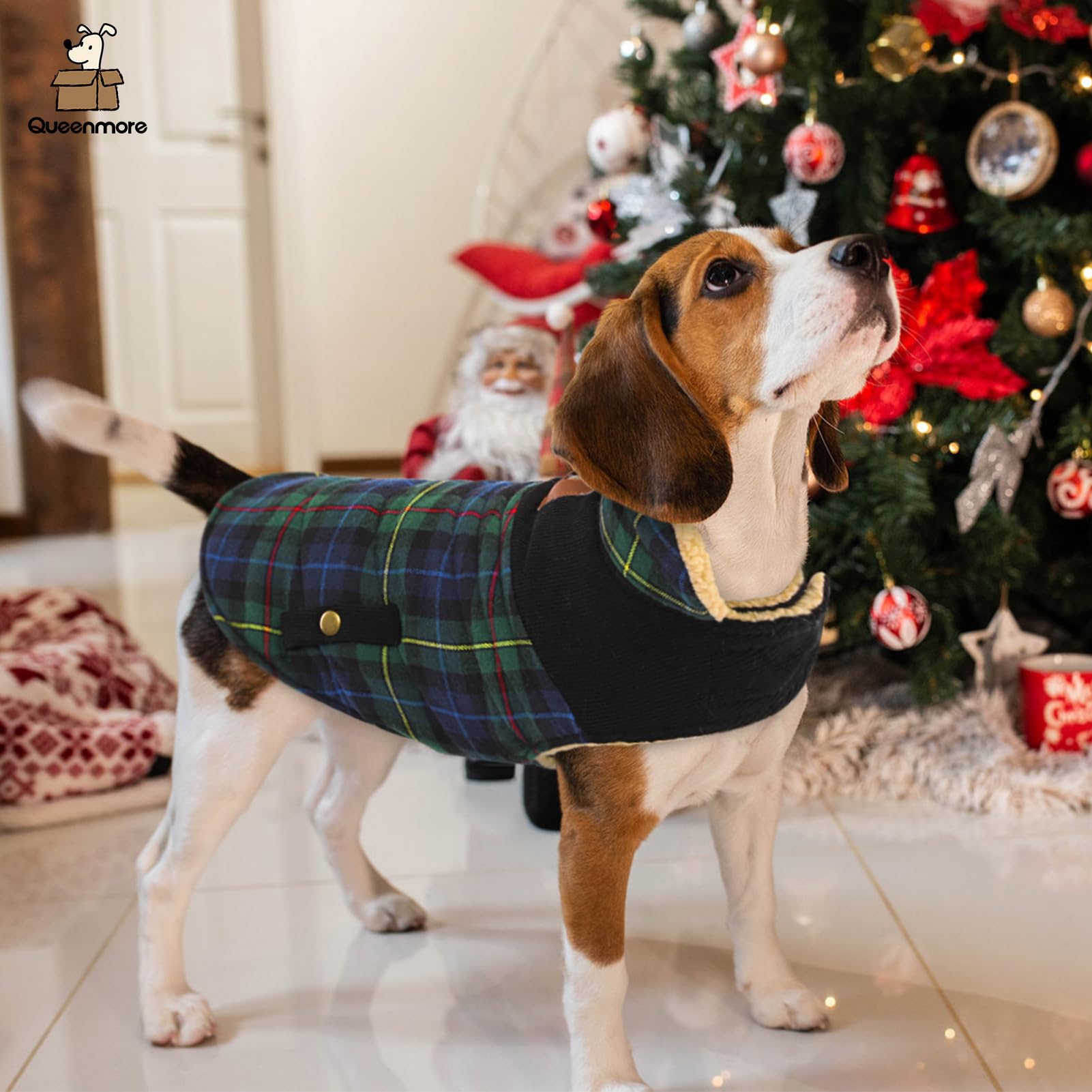 Queenmore Warm Dog Jacket For Cold Weather, Quilted Puffer Plaid Coat With Waterproofing, Fleece Padding, Leash Hole - Small/Med