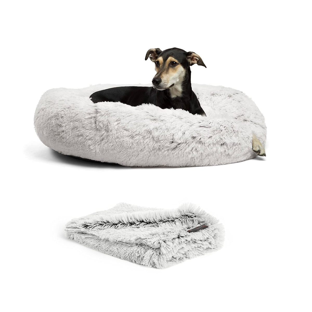 Best Friends By Sheri Bundle Set The Original Calming Shag Donut Cuddler Cat And Dog Bed + Pet Throw Blanket Frost Large 36''