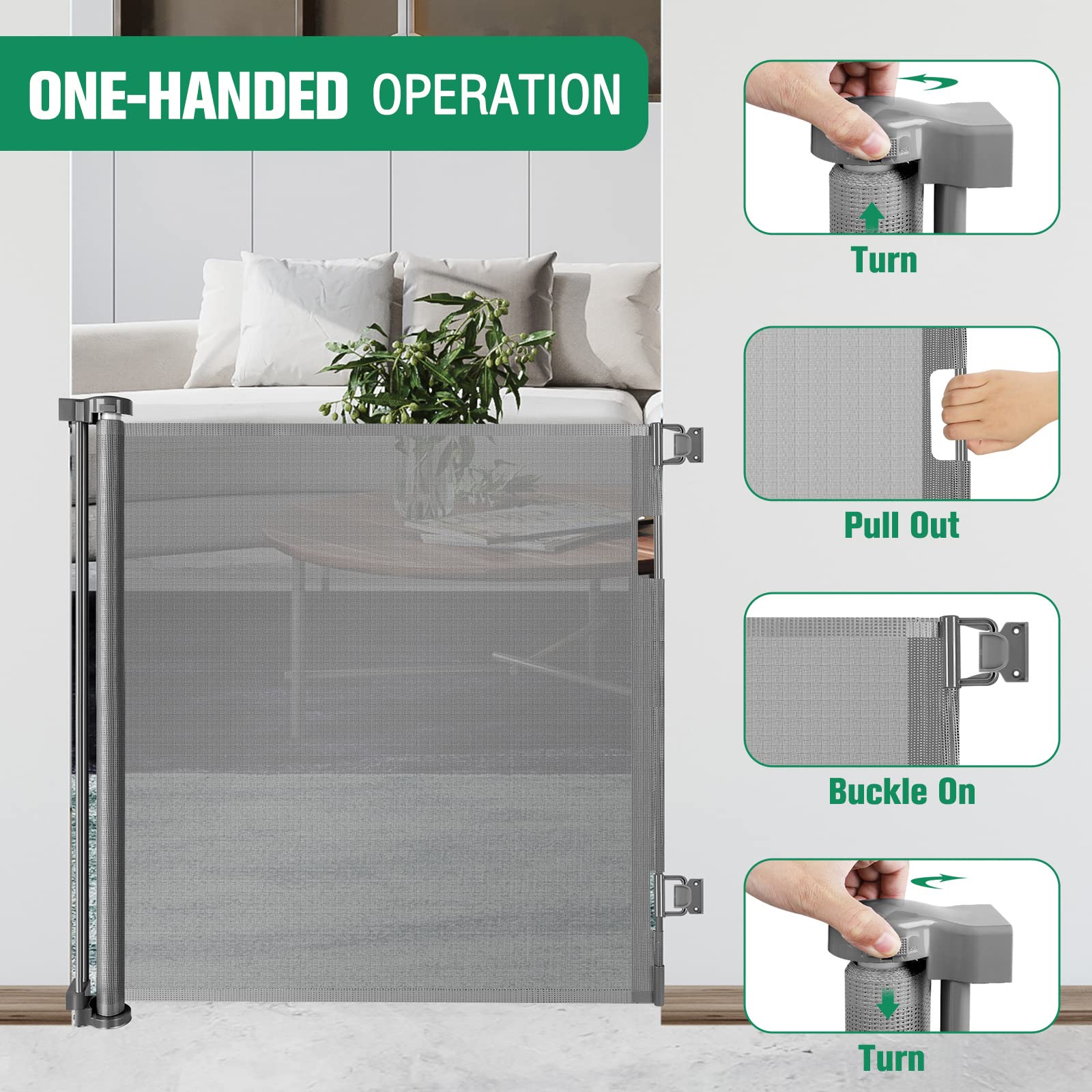KISKIZ 42-Inch Extra Tall Retractable Baby Gate, 56 Wide, Gray, Adjustable Indoor/Outdoor Dog Gate for Doorways and Stairs