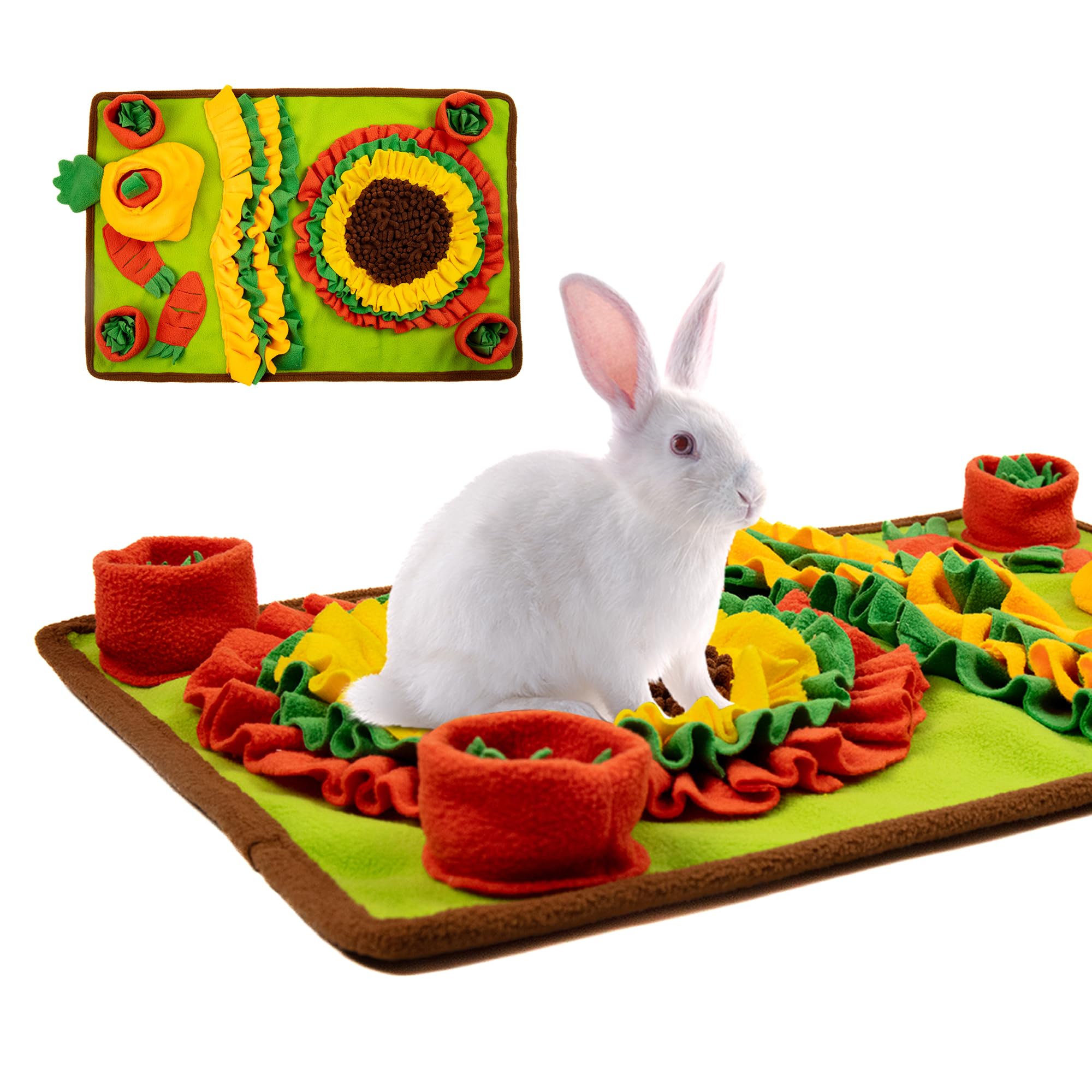MHTTEC Sunflower Carrot Rabbit Foraging Mat, Washable Bunny Hay Feeder Treat Dispenser Foraging Toys for Rabbits Guinea Pigs Chi