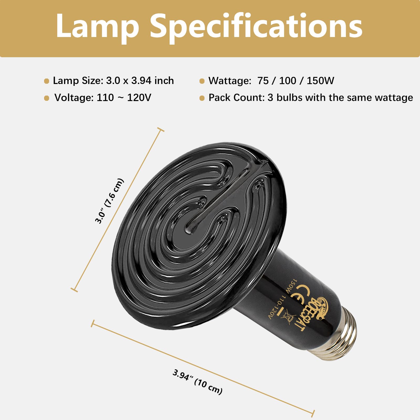 Boeespat Energy Efficient 75W Reptile Heat Bulbs, Pack Of 3 Ceramic Heat Emitters For Geckos, Turtle, Snake, Bearded Dragon, Liz