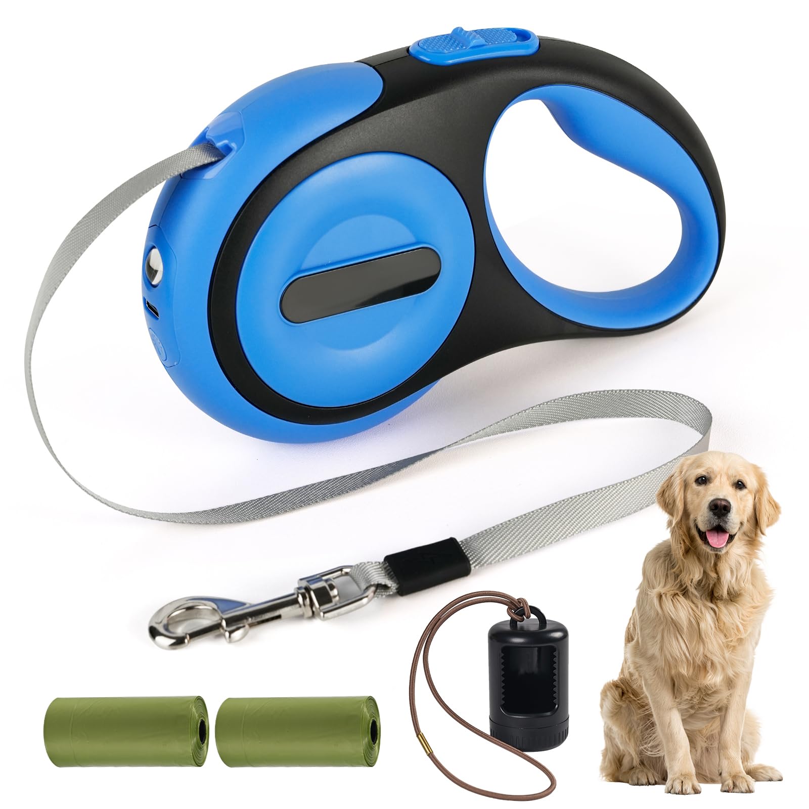 Odriew Retractable Dog Leash For Small Dogs-Medium Pet, 16Ft For Dog Up To 75Lbs, With Rechargeable Led Light, Dispenser, Poop B