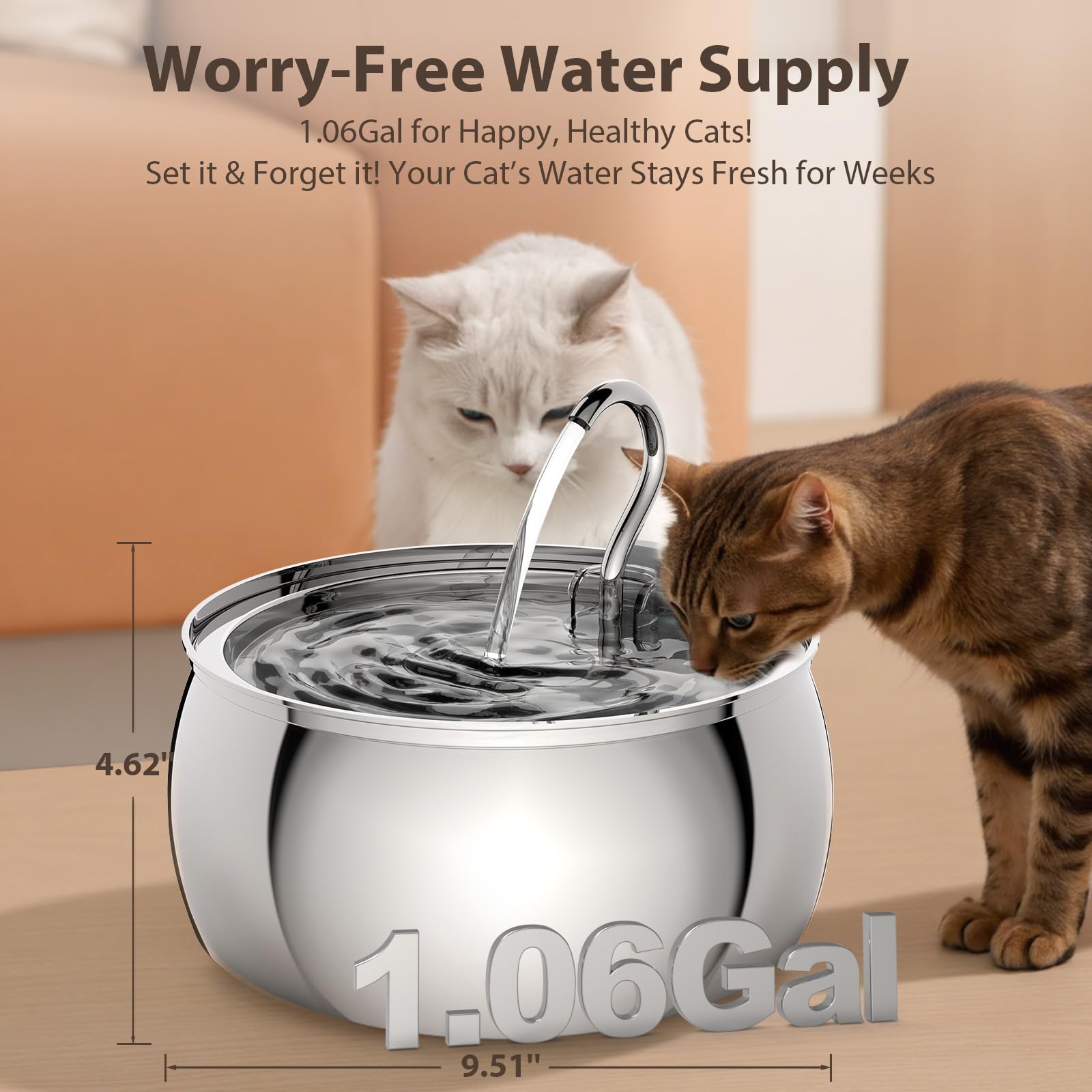 Stainless Steel Cat Water Fountain: 1.06 Gal Large Capacity Cat Fountain for Drinking - Ideal for Multiple Pets, Ultra Quiet Pum