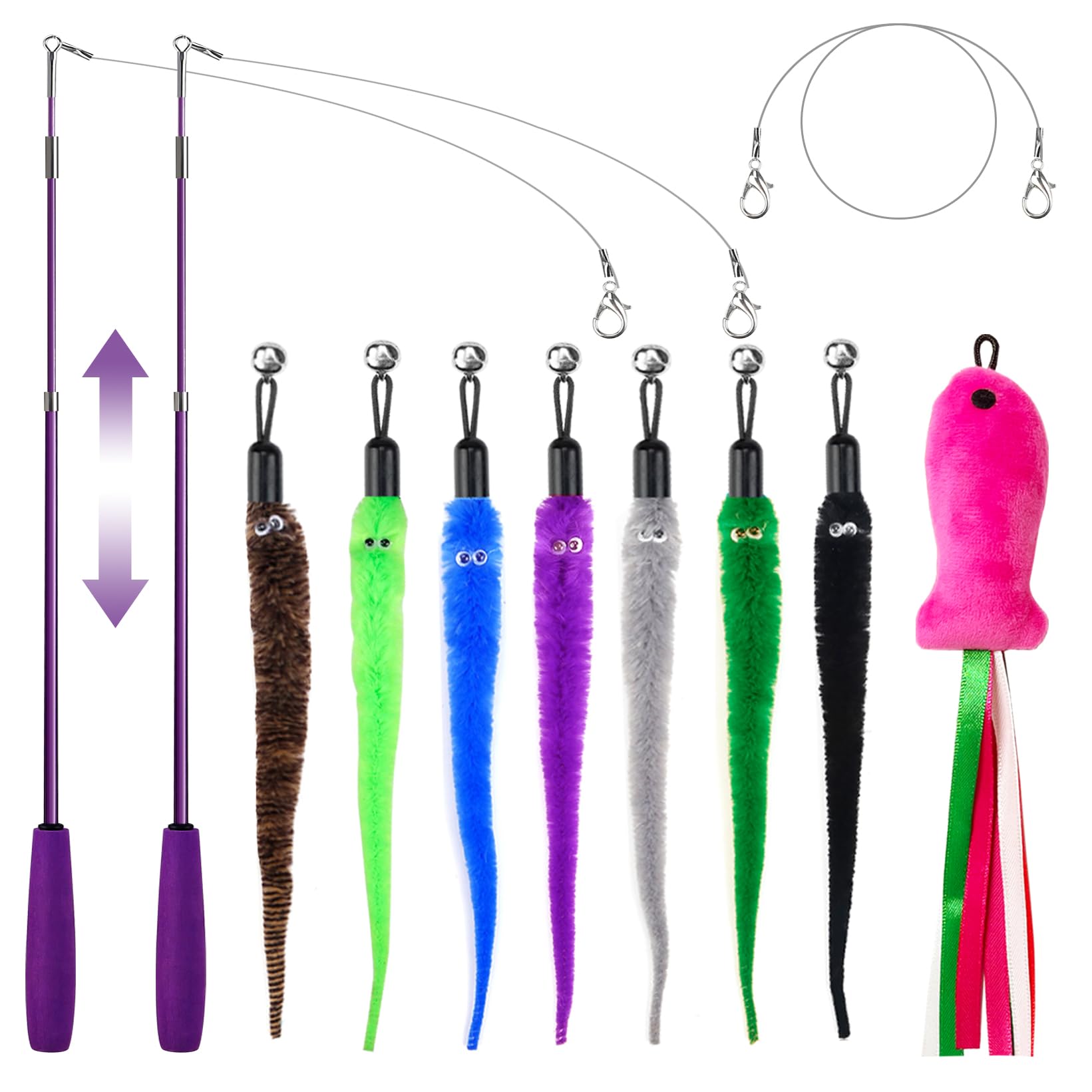 Retractable Cat Toy Wand, 11 Packs Interactive Cat Feather Toys, 7 Worms And 1 Fish Teaser Assorted Cat Teaser Refills With Bell, Include 1 Replacement Line, Fun Toy For Cat Exercise