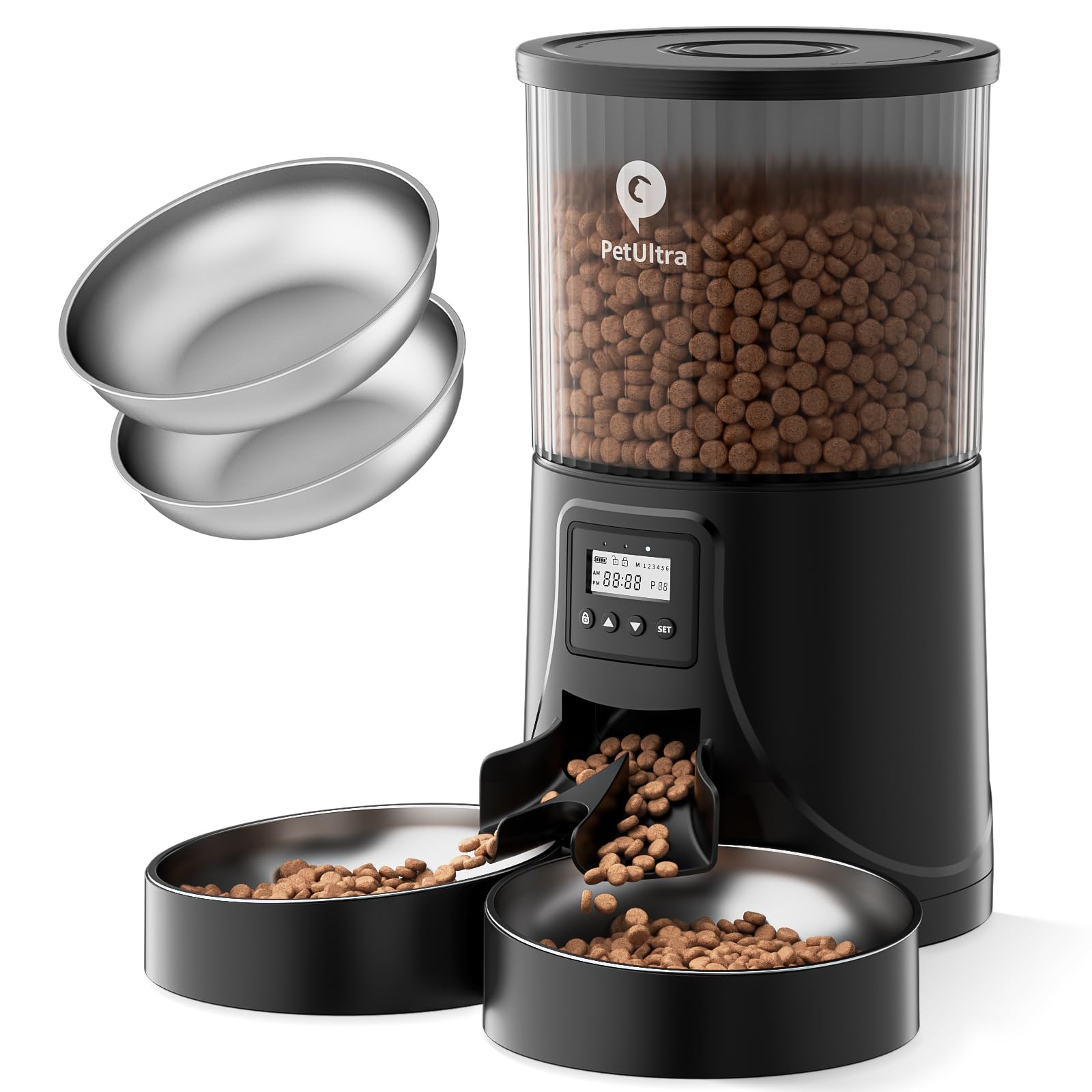 PETULTRA Automatic Cat Feeder for 2 Cats - 16 Cups/4L Timed Auto Pet Feeder with Portion Control (1-6 Meals), Dual Power& Easy t