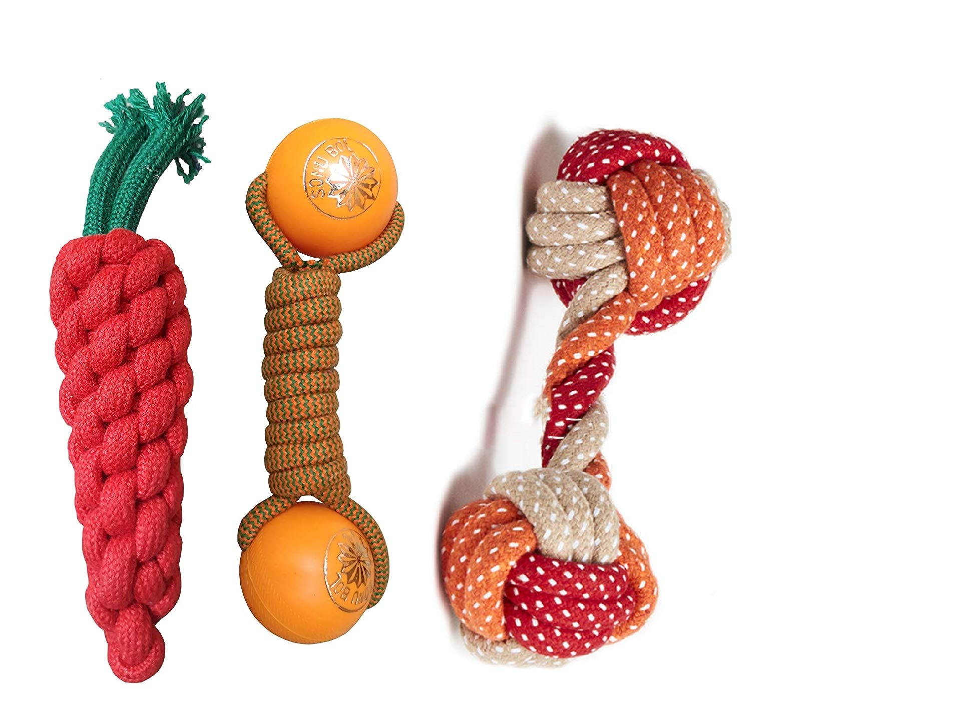 PSK PET MART Durable Cotton Made Rope Toys for Dogs and Puppies Carrot Rope Rope Toy Plastic Ball Rope Toy Rope Dumbbell Rope To