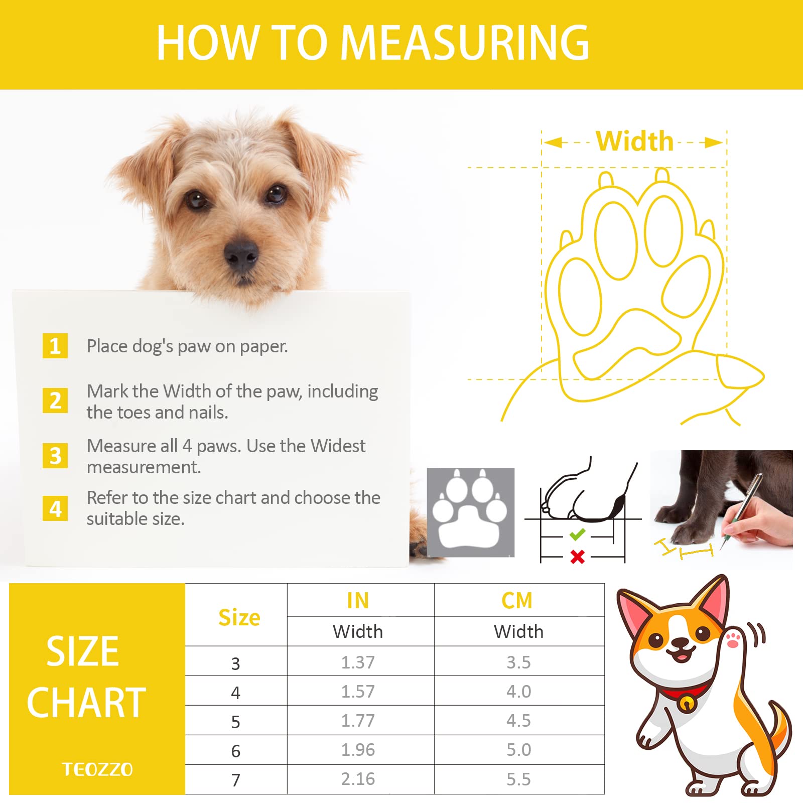 Teozzo Dog Shoes For Winter Dogs Boots & Paw Protector Warm Pet Booties For Puppy With Reflective Strip Dog Snow Boots For Small Medium Size Dogs 4Pcs Yellow Size3