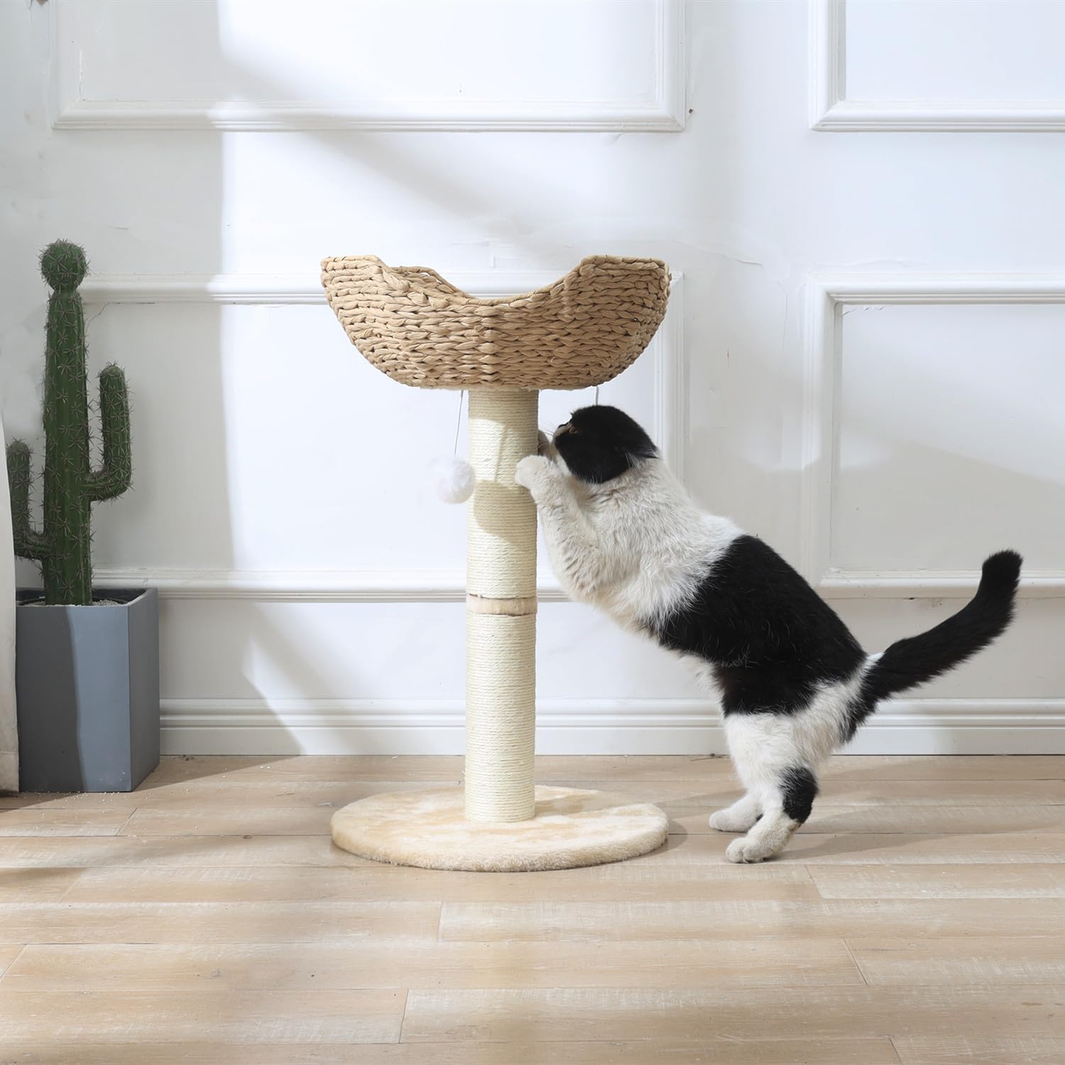 Shengocase Small Cat Tree Tower With Large 17.7'' Rattan Wicker Basket, Handwoven Nest Basket Bed, Window Perch For Large Cats U