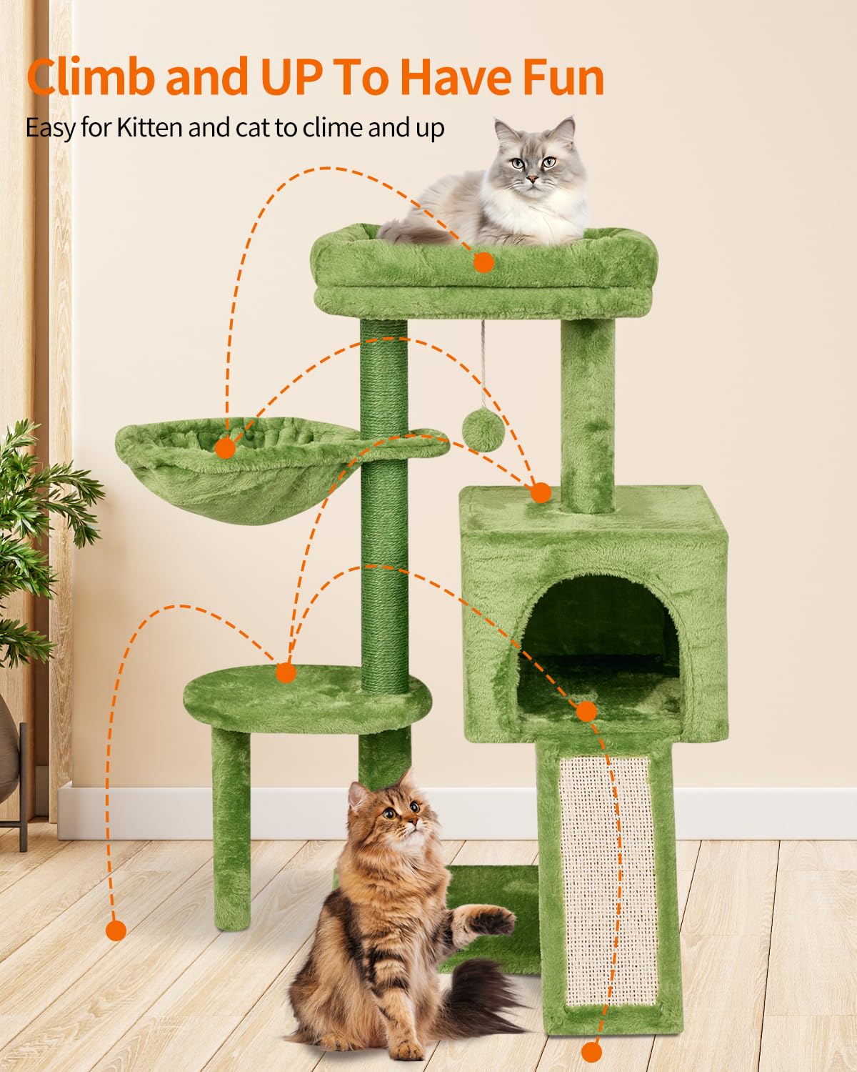 Fish&Nap Cute Cat Tree Kitten Cat Tower For Indoor Cat Condo Sisal Scratching Posts With Jump Platform Cat Furniture Activity Center Play House Green
