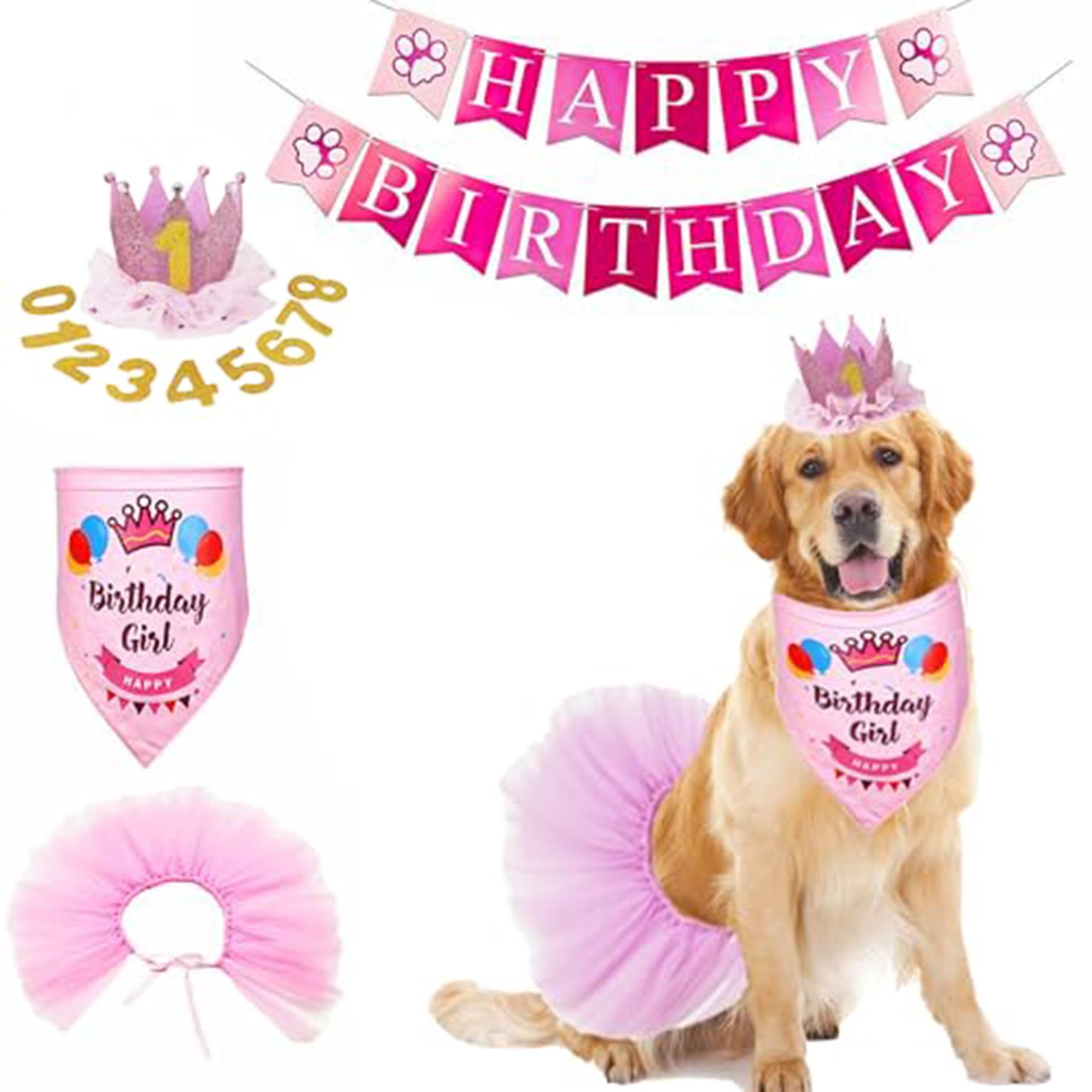 Adoggygo Dog Birthday Hat Bandana Girl - Pet Birthday Party Supplies - Pink Dog Tutu Hat Scarf Banner Set For Extra Large Dogs (